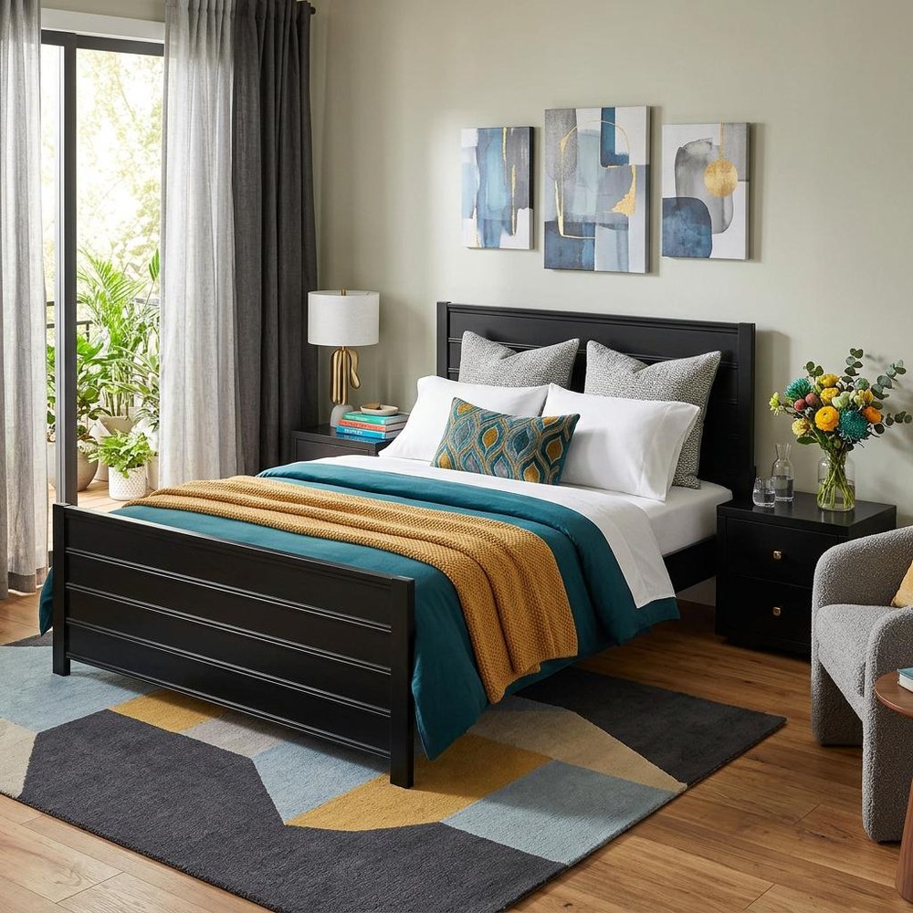 Three Piece Black Solid Wood Bedroom Set