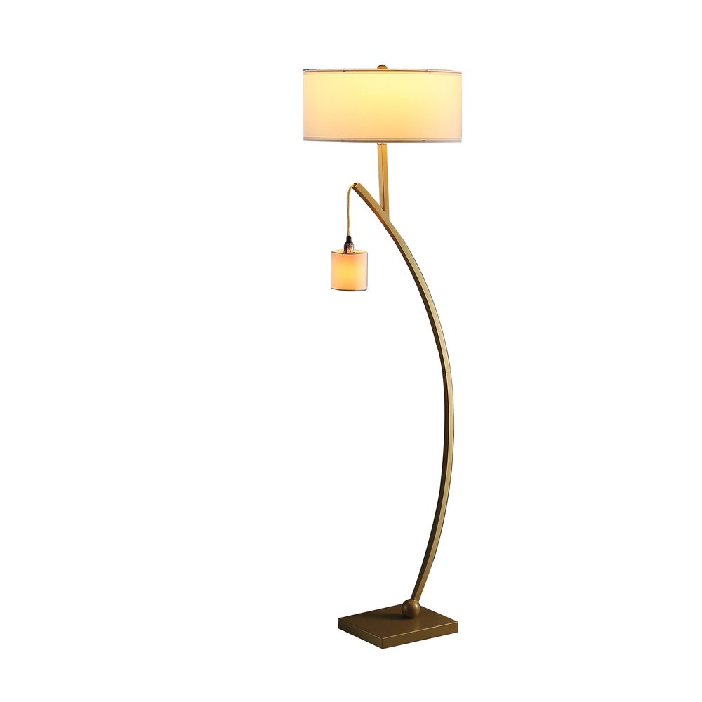 59" Gold And White Arc Floor Lamp With White Fabric Drum Shade