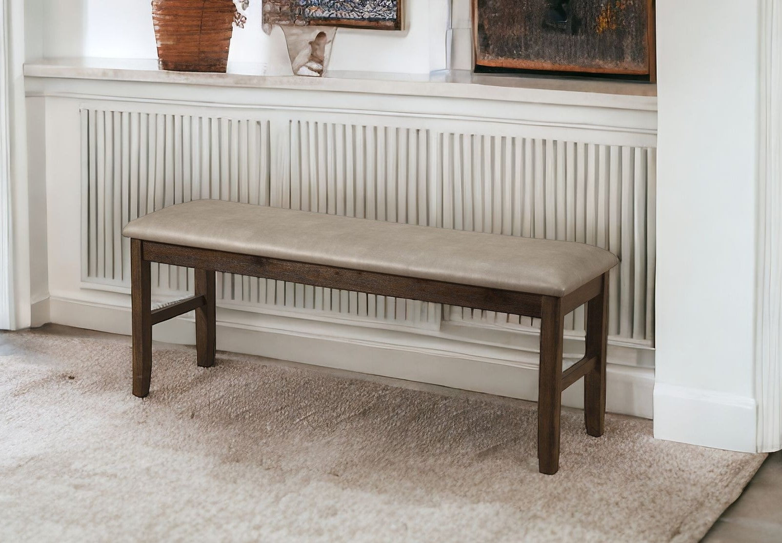 49" Tan and Dark Brown Faux Leather Distressed Upholstery Dining Bench