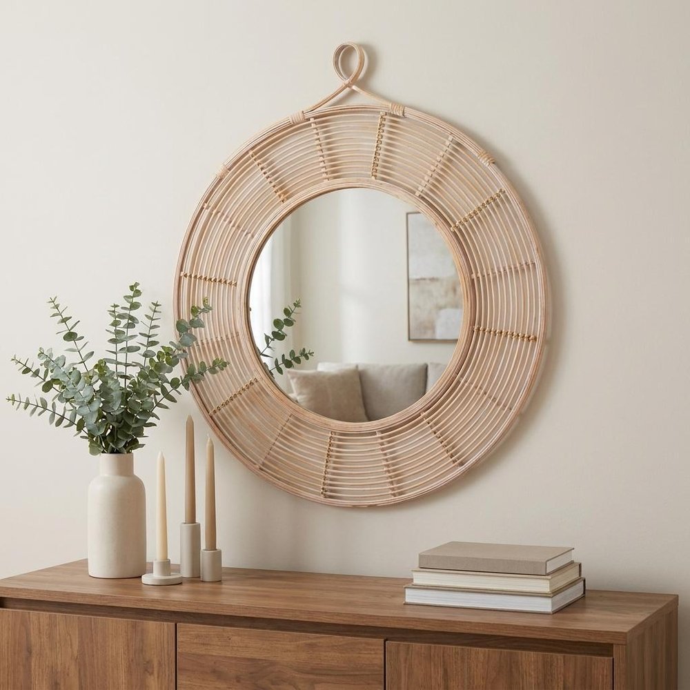 37" Natural Round Framed Accent Mirror