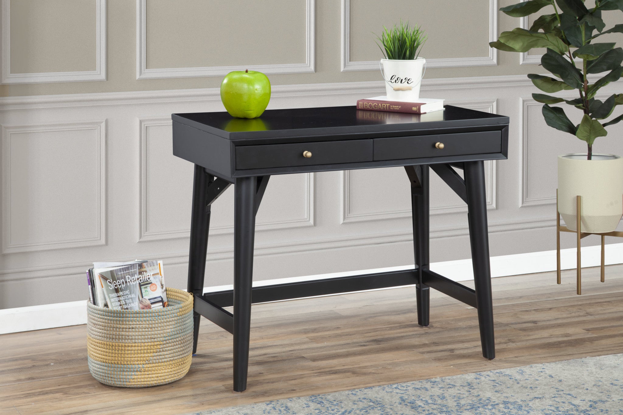 36" Black Solid Manufactured Wood Writing Desk with Two Drawers