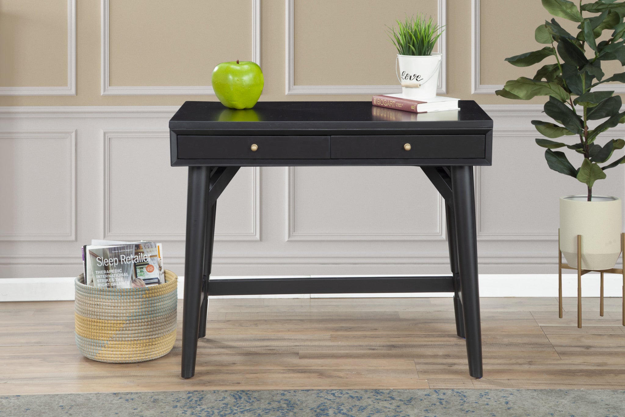 36" Black Solid Manufactured Wood Writing Desk with Two Drawers
