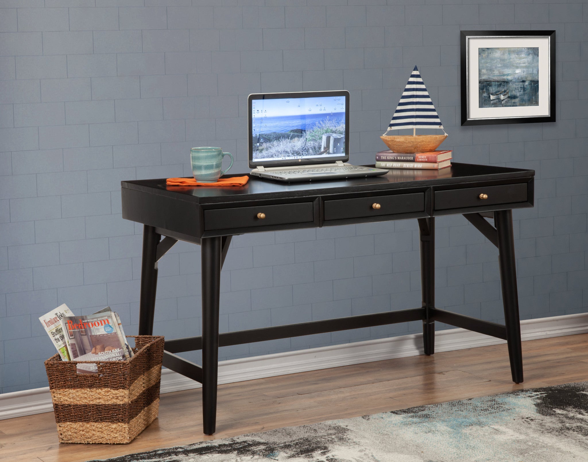 52" Black Solid Manufactured Wood Writing Desk with Three Drawers