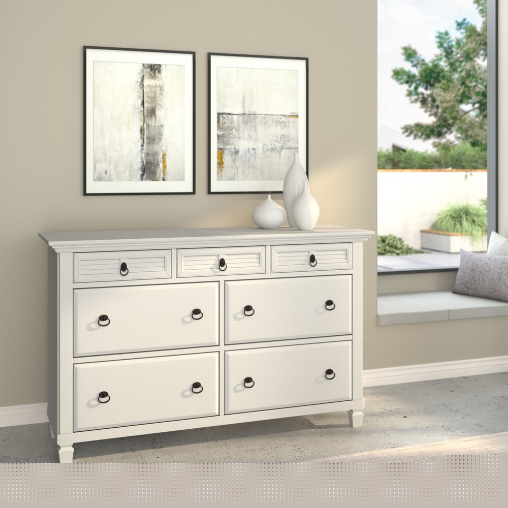 62" White Solid Wood Seven Drawer Double Dresser