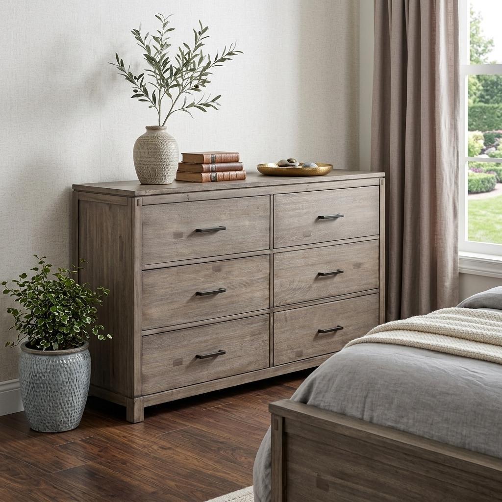 60" Gray Solid Wood Six Drawer Double Dresser