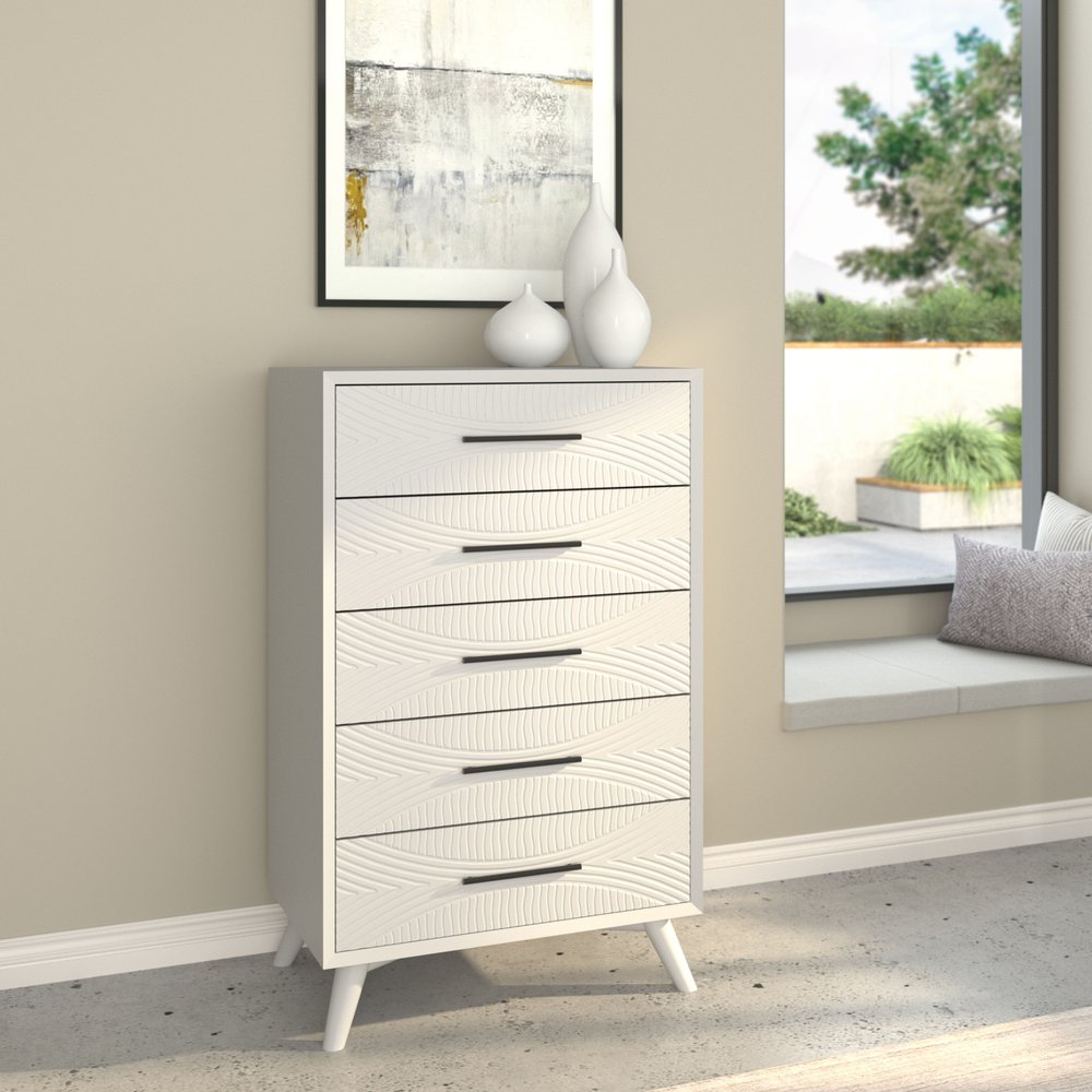 34" White Carved Geometric Solid Wood Five Drawer Dresser