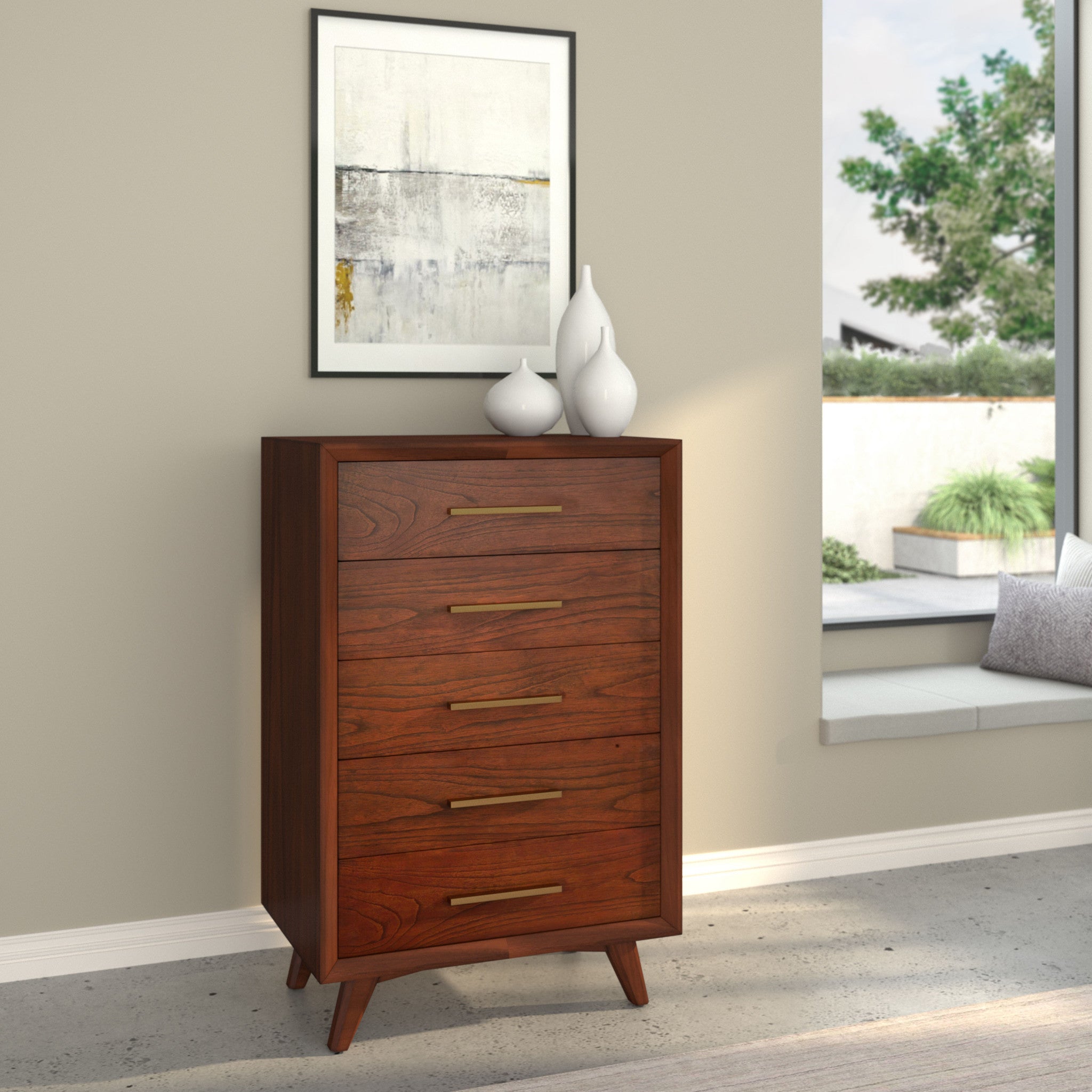 28" Walnut Solid Wood Five Drawer Chest