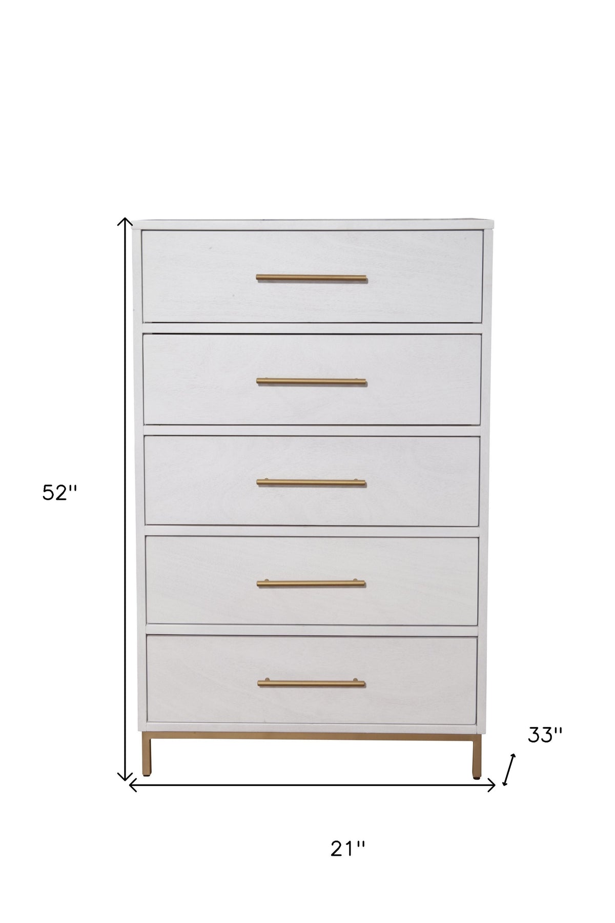 30" White Solid Wood Five Drawer Dresser