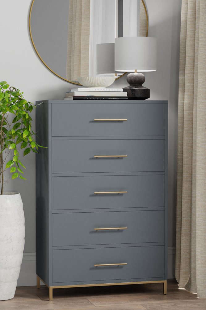 33" Gray Solid Wood Five Drawer Dresser