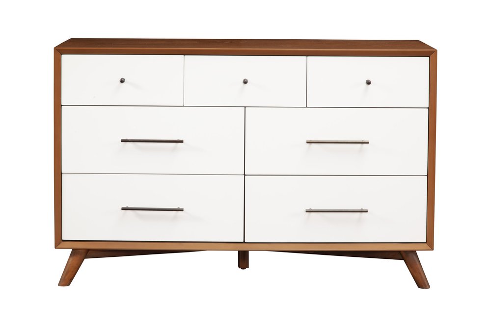 56" Brown And White Solid Wood Seven Drawer Double Dresser