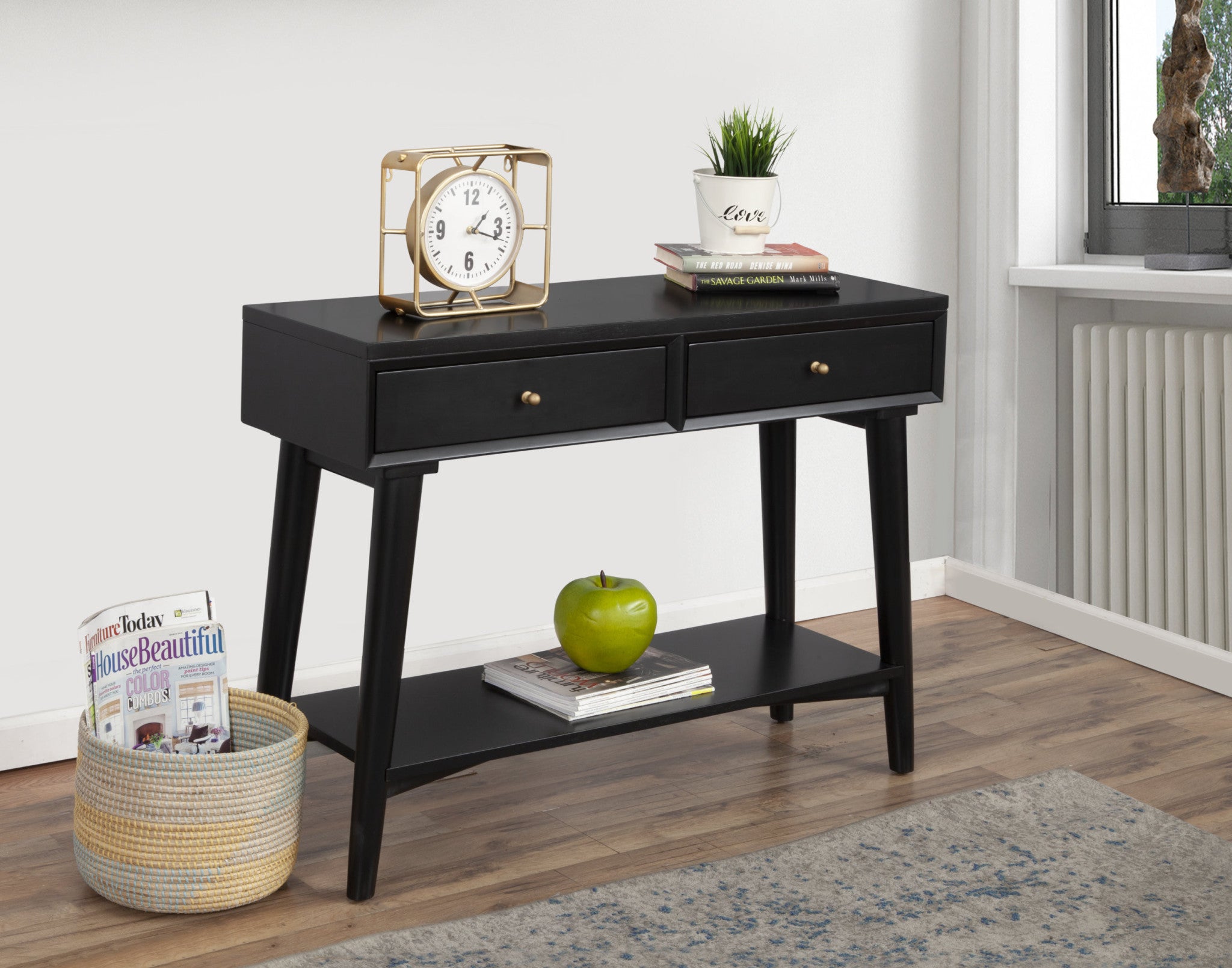42" Black Solid and Manufactured Wood Floor Shelf Console Table With Storage With Storage