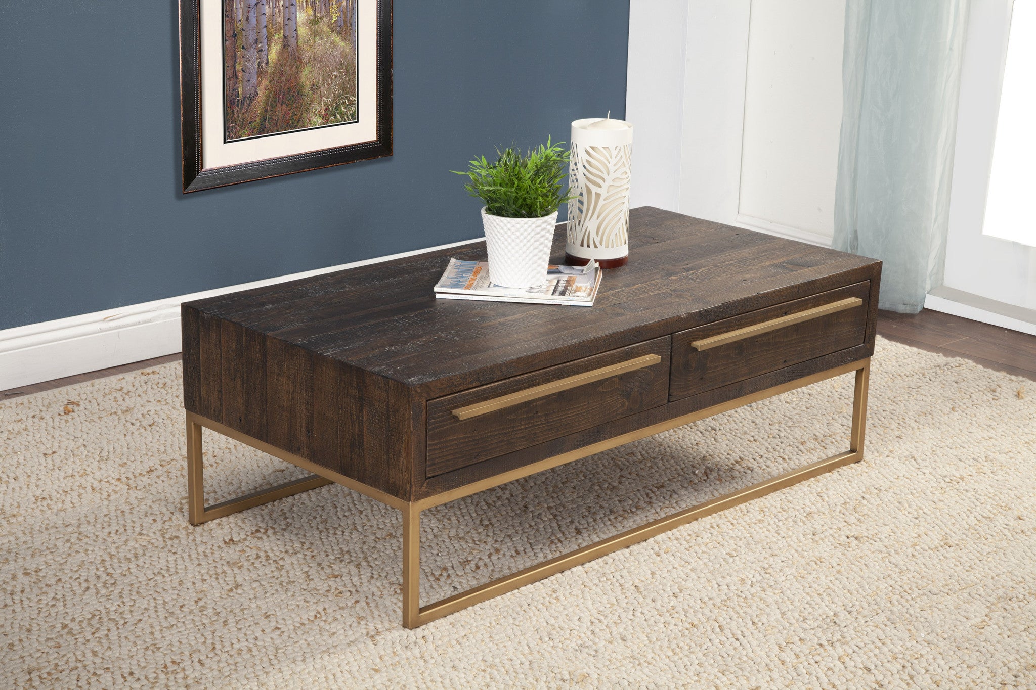 47" Dark Brown And Gold Metal Coffee Table With Drawer