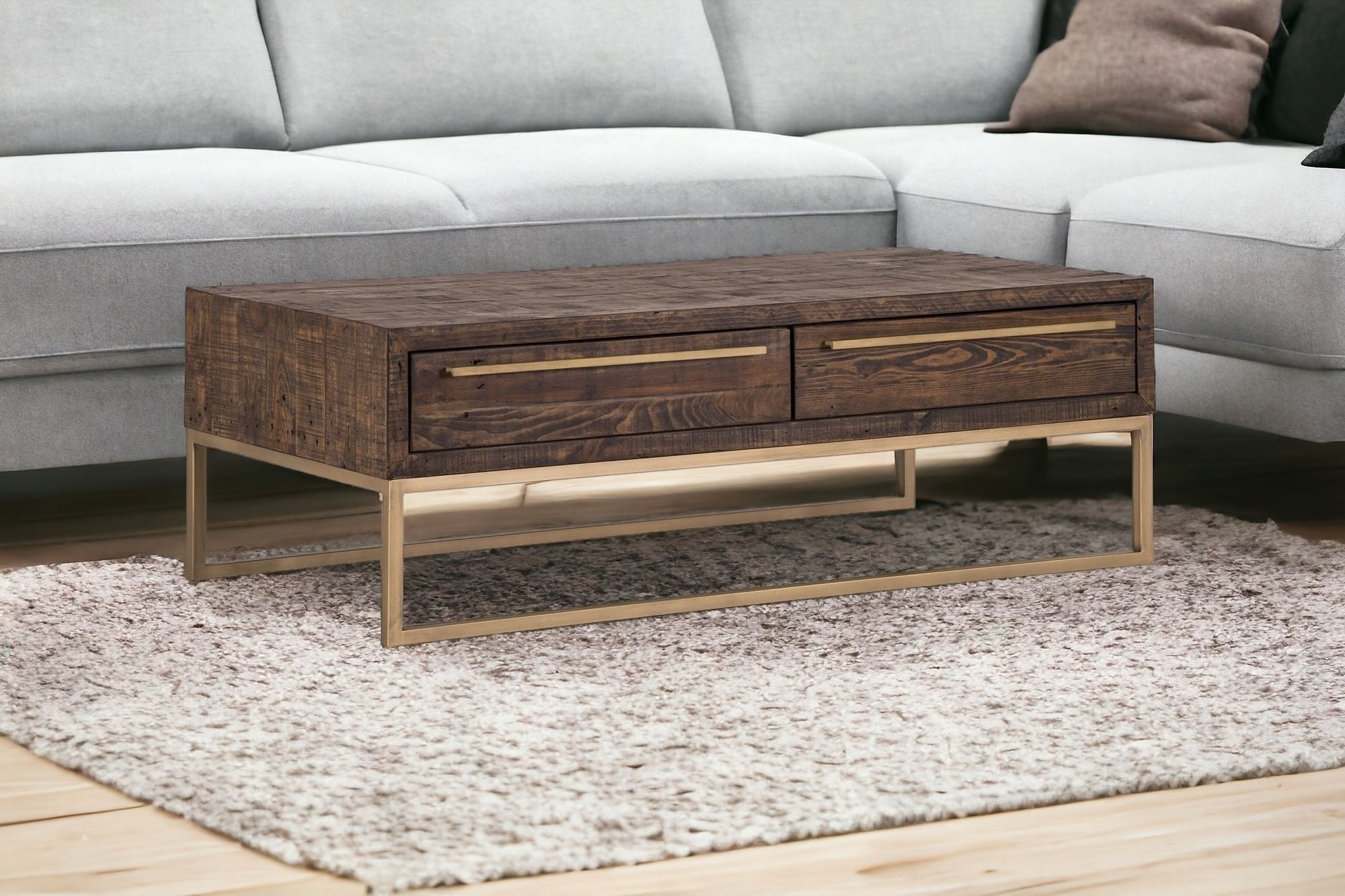 47" Dark Brown And Gold Metal Coffee Table With Drawer