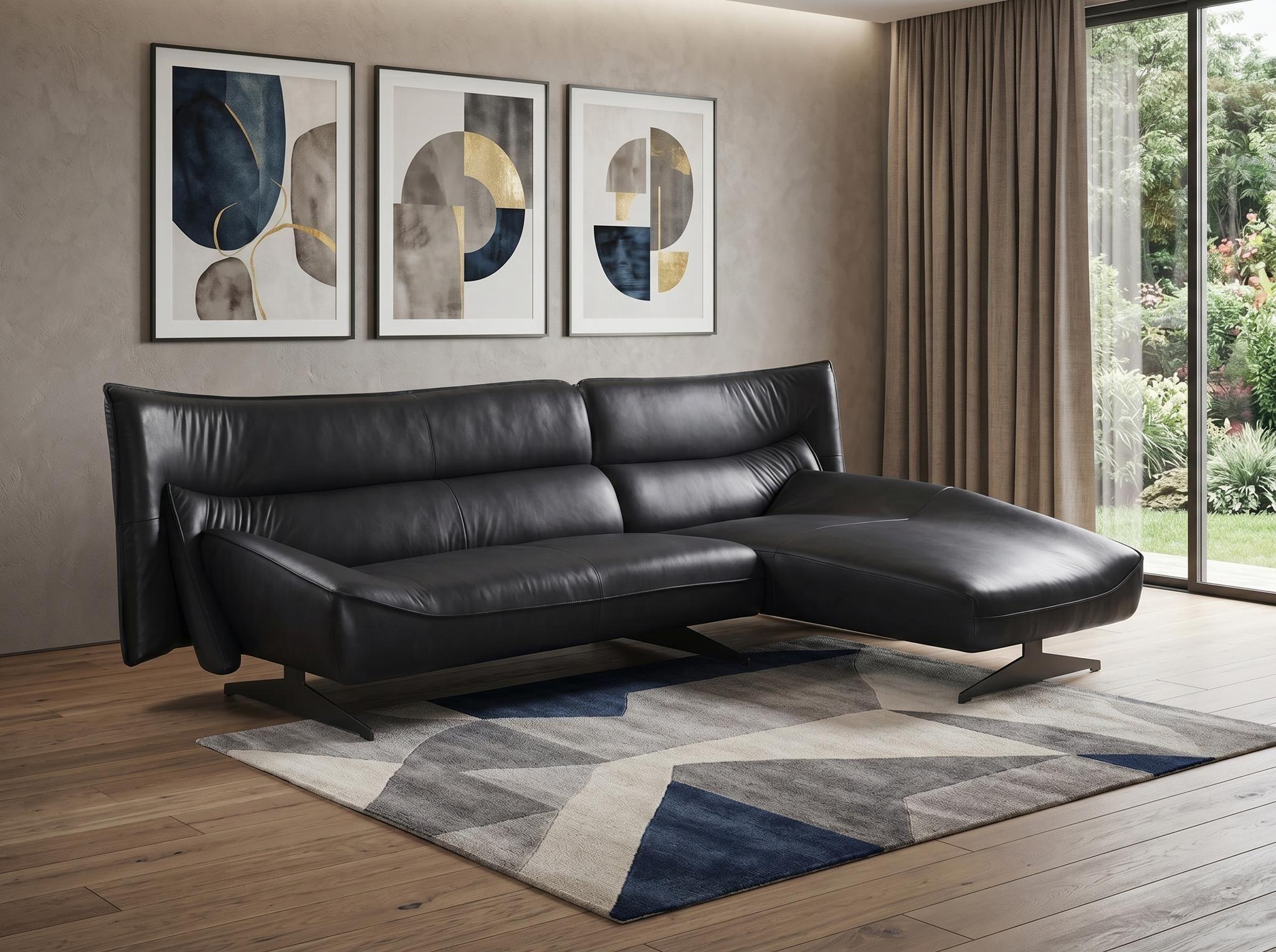 Dark Gray Top Grain Leather L Shaped Two Piece Sofa and Chaise Sectional