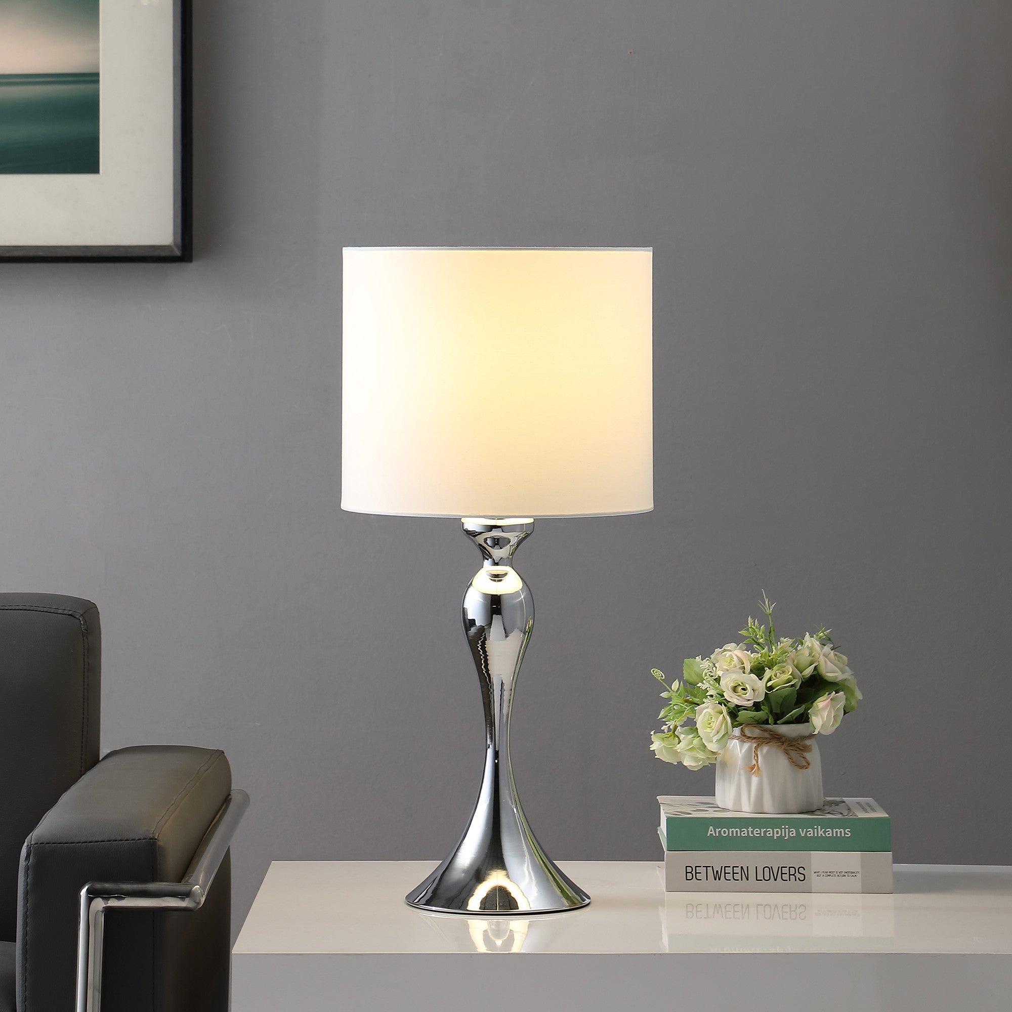 25" Silver Sleek Table Lamp With Off White Drum Shade