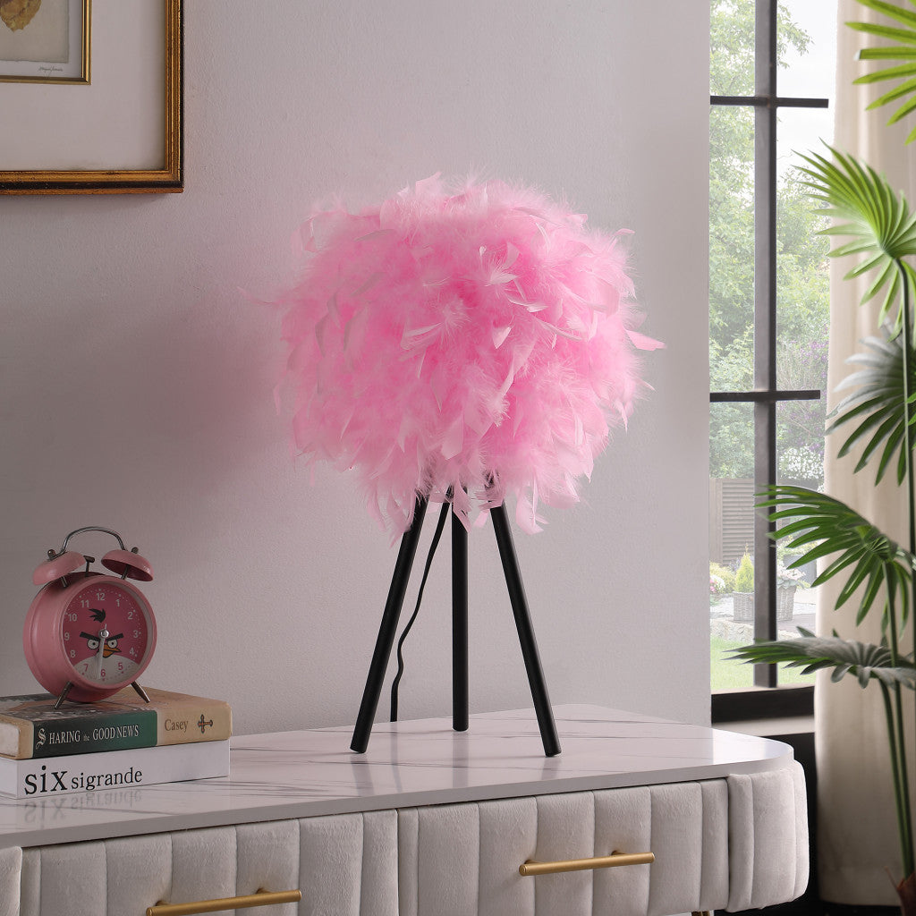 21" Black Tripod Table Lamp With Pink Faux Feather Shade