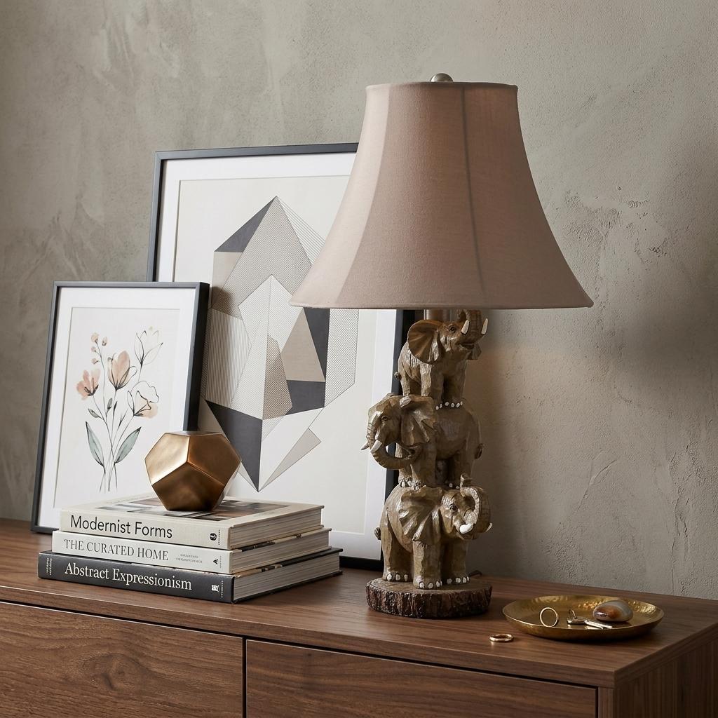 21" Brown Elephant Trio Table Lamp With Brown Bell Shade