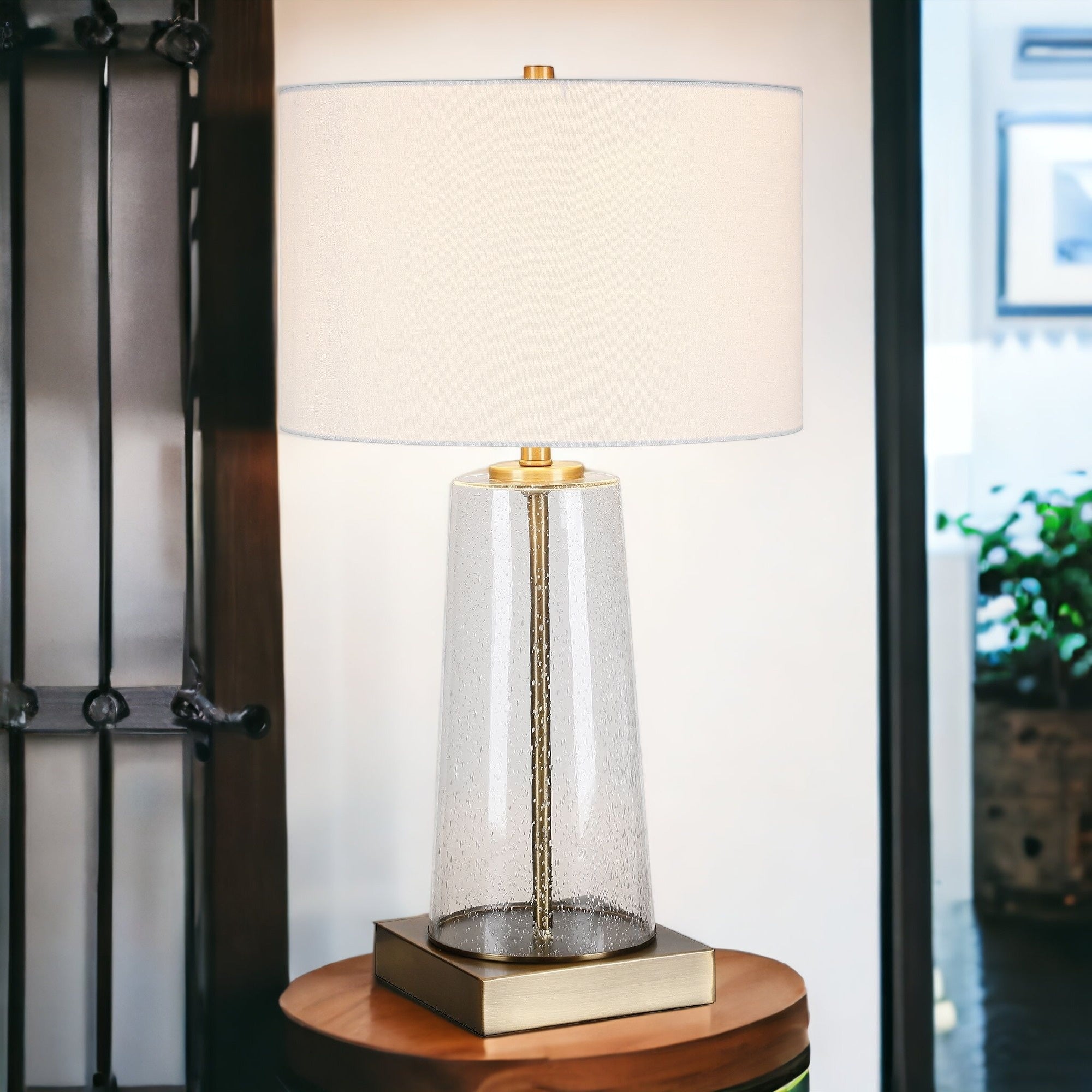 27" Brass Glass Table Lamp With White Drum Shade