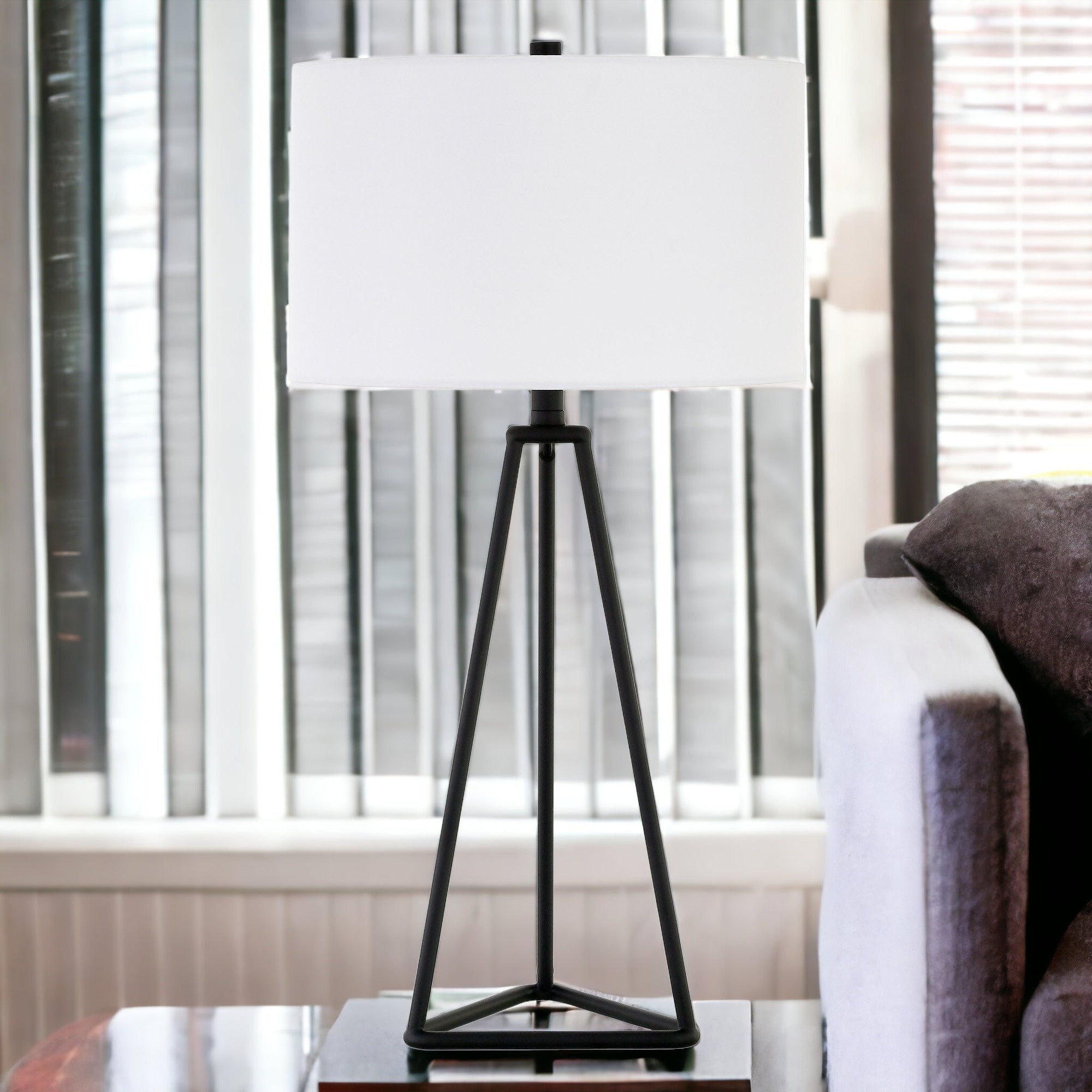 26" Black Metal Table Lamp With White Drum Shade