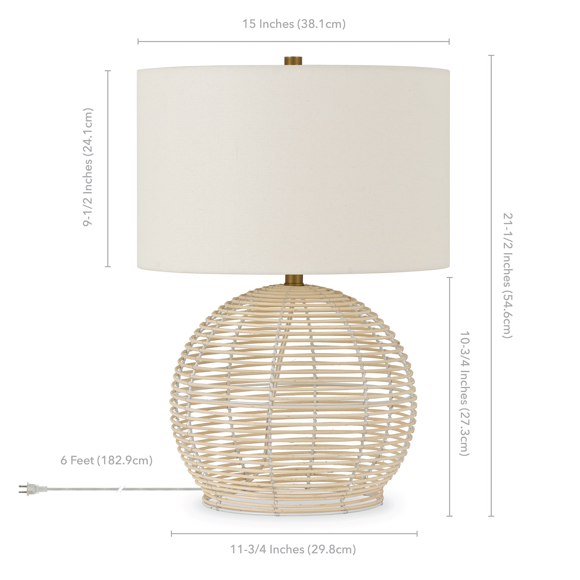 21" Natural Rattan Table Lamp With White Drum Shade