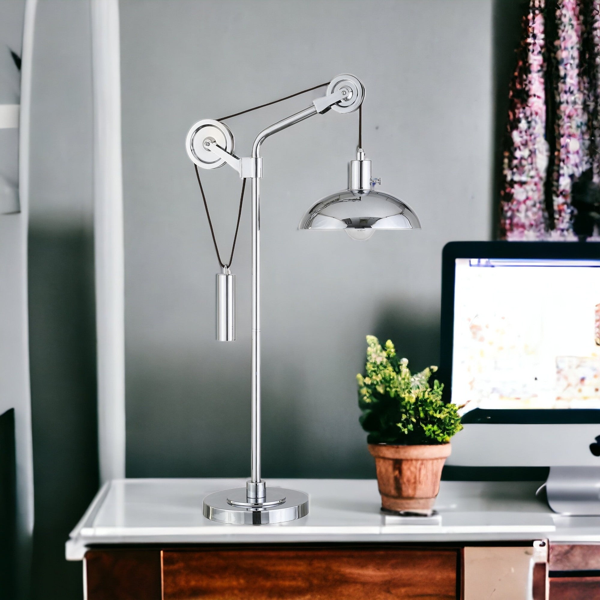 33" Silver Metal Adjustable Desk Table Lamp With Nickel Dome Shade