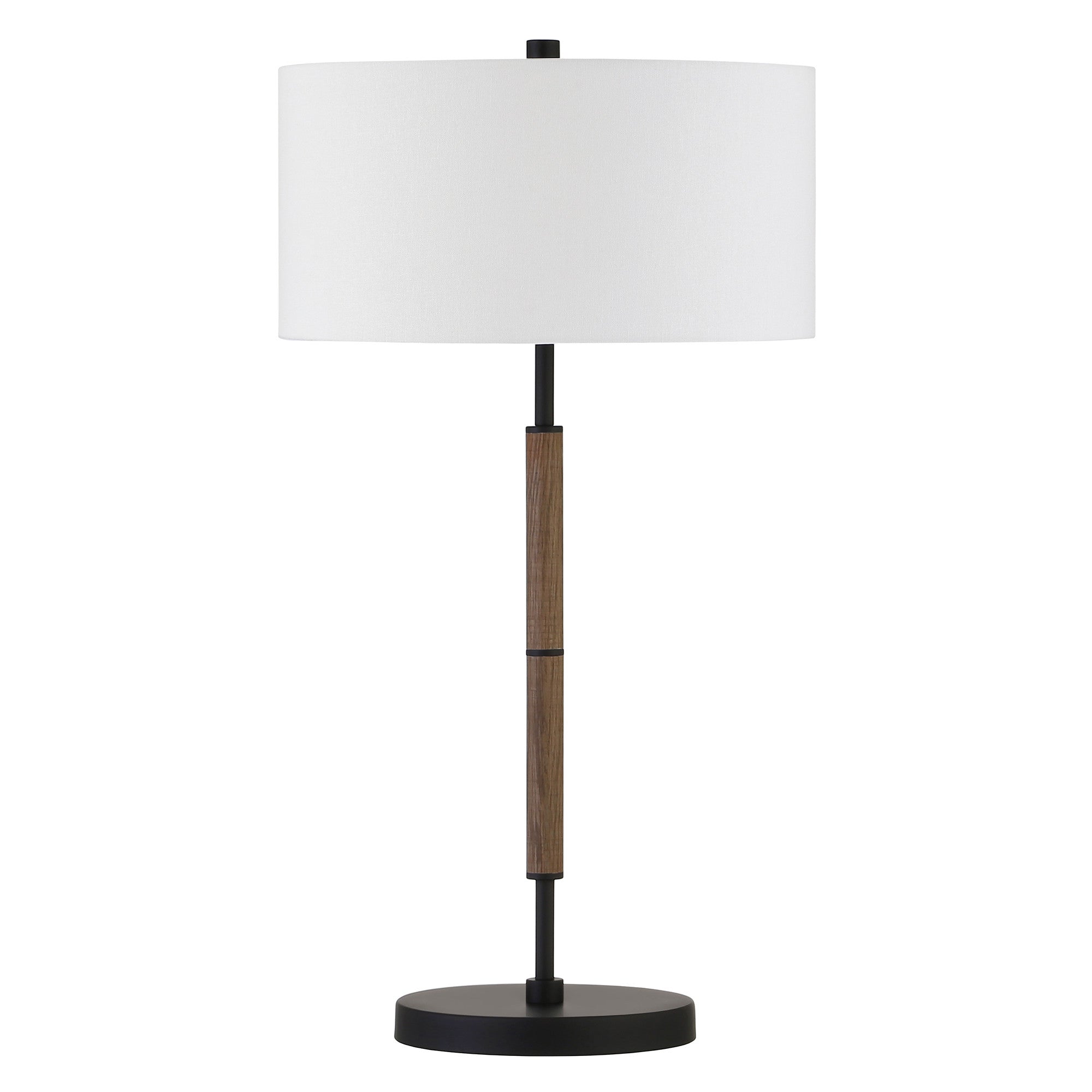 25" Brown and Black Metal Two Light Table Lamp With White Drum Shade