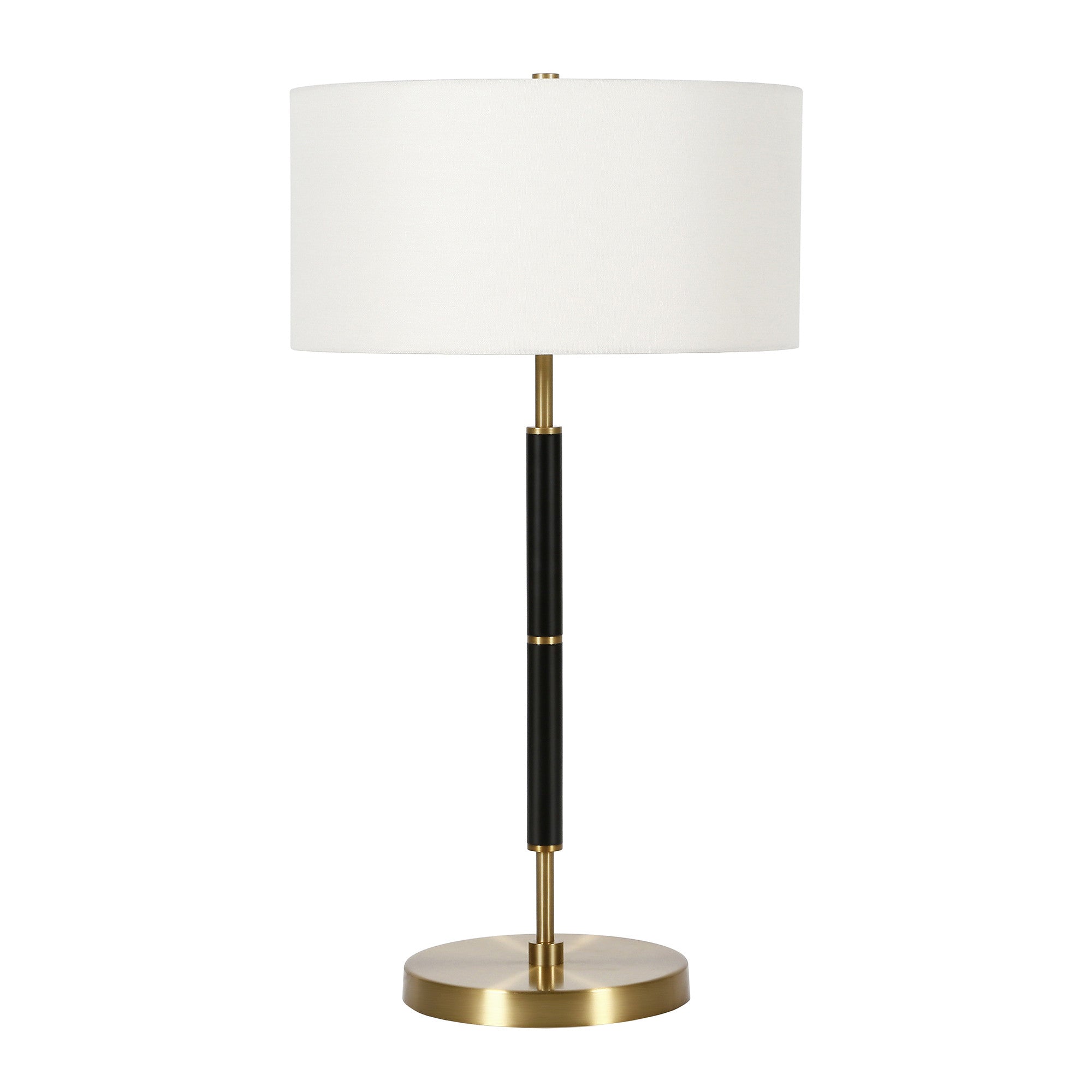 25" Black and Gold Metal Two Light Table Lamp With White Drum Shade