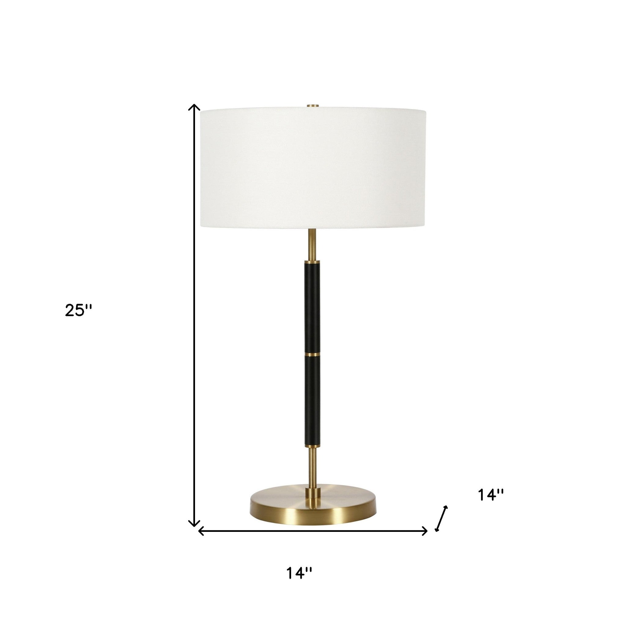 25" Black and Gold Metal Two Light Table Lamp With White Drum Shade