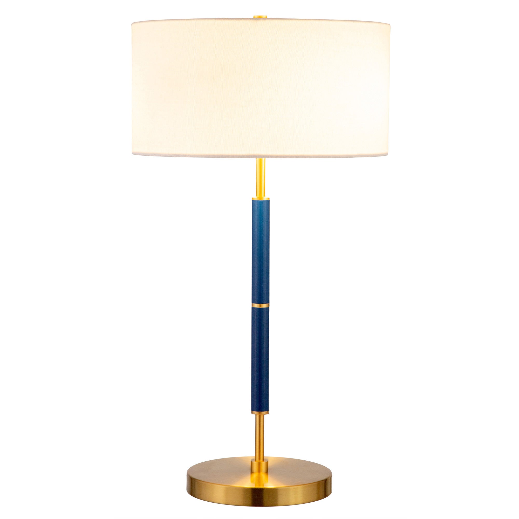 25" Blue and Gold Metal Two Light Table Lamp With White Drum Shade