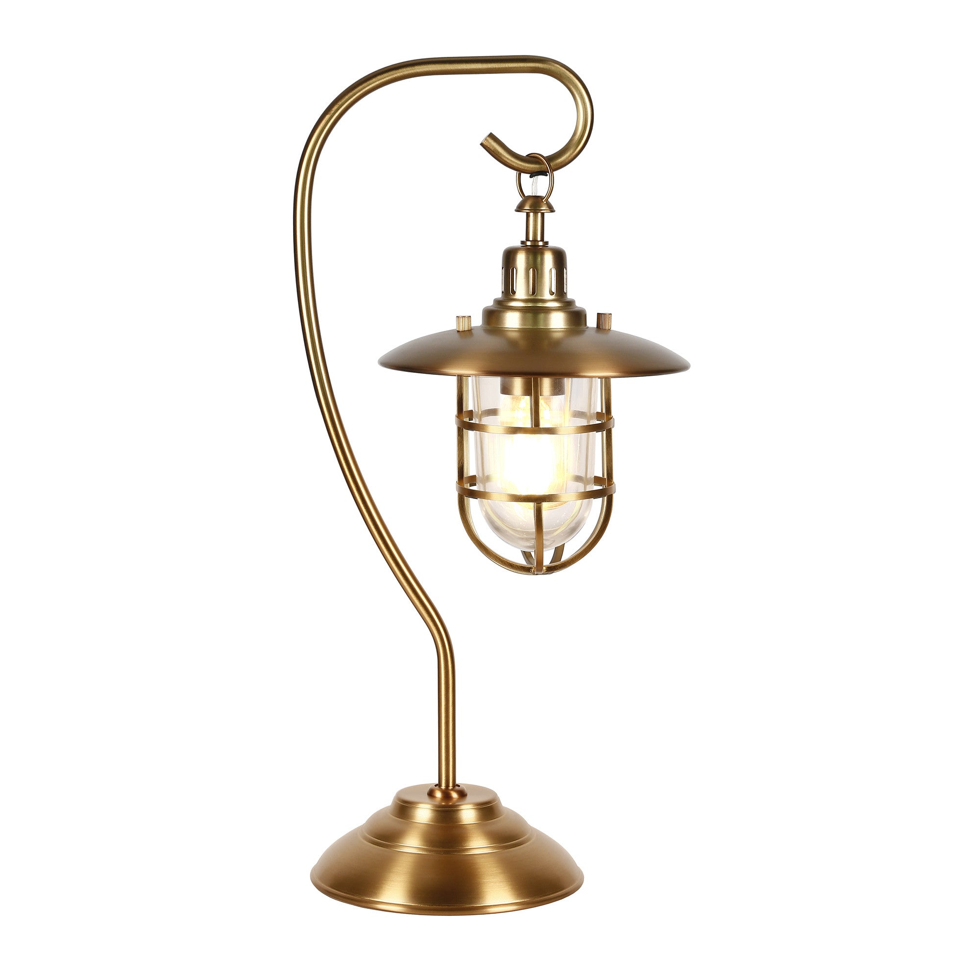 22" Antiqued Brass Metal Arched Table Lamp With Brass Cage Shade