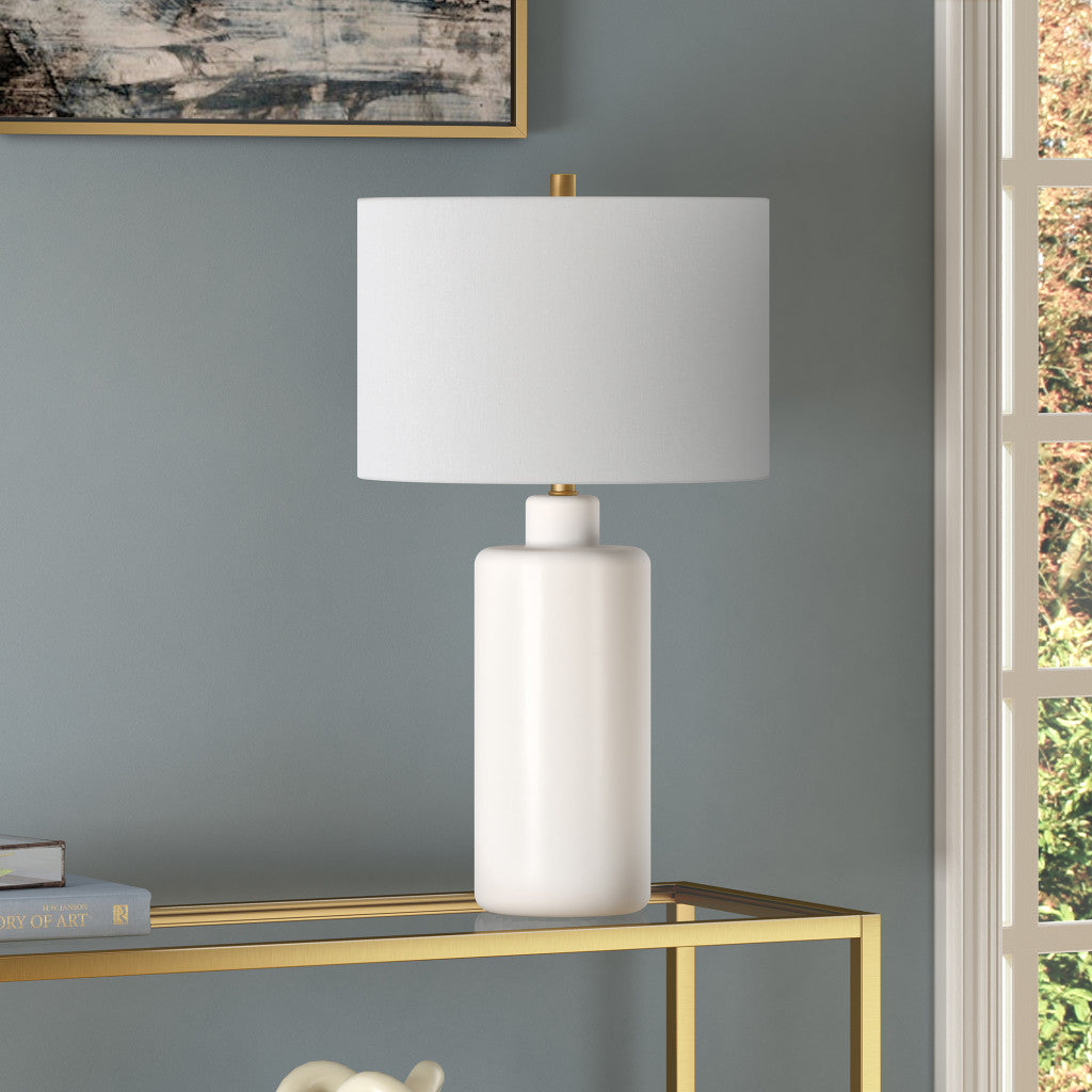 25" White Ceramic Table Lamp With White Drum Shade