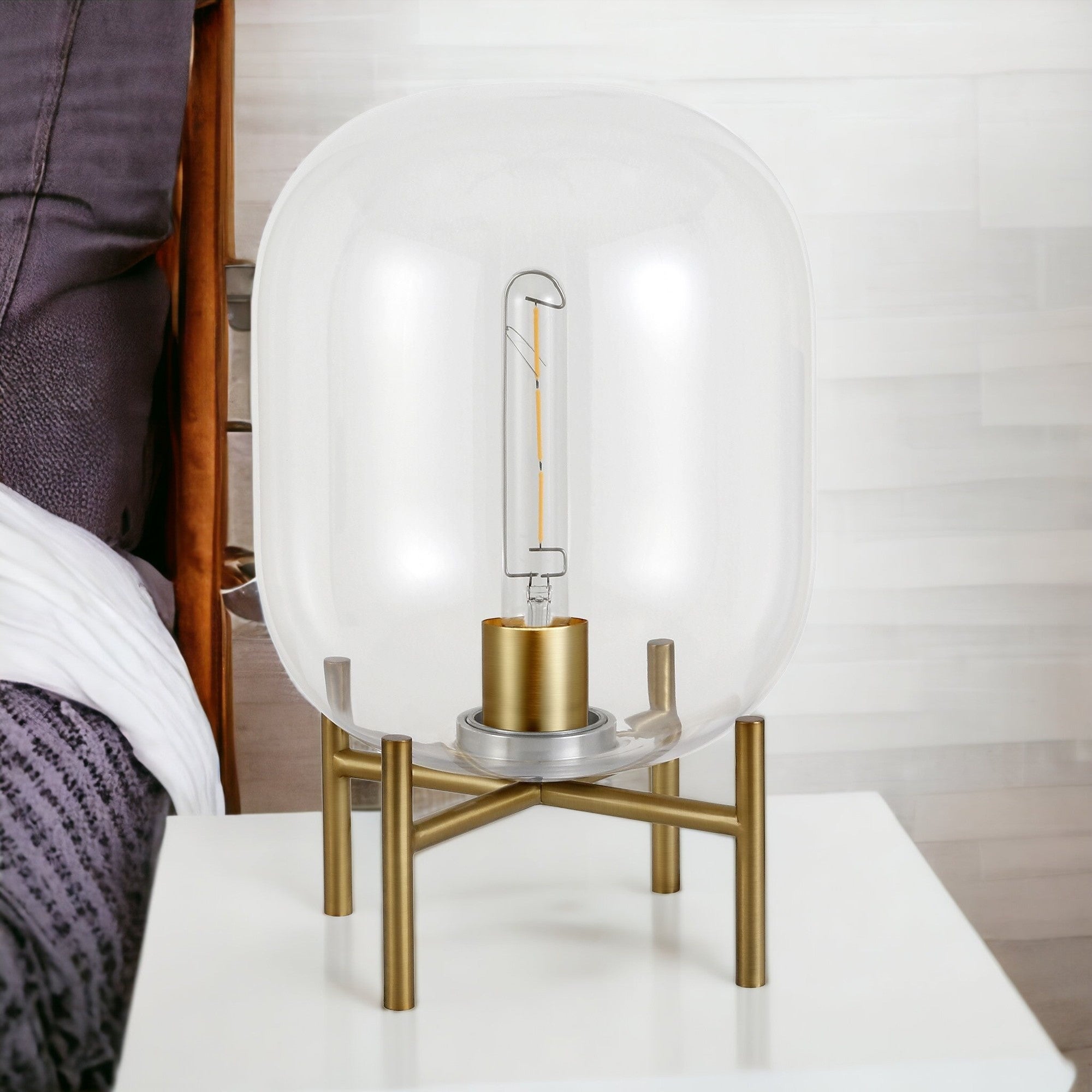 15" Brass Metal Table Lamp With Clear Cylinder Shade