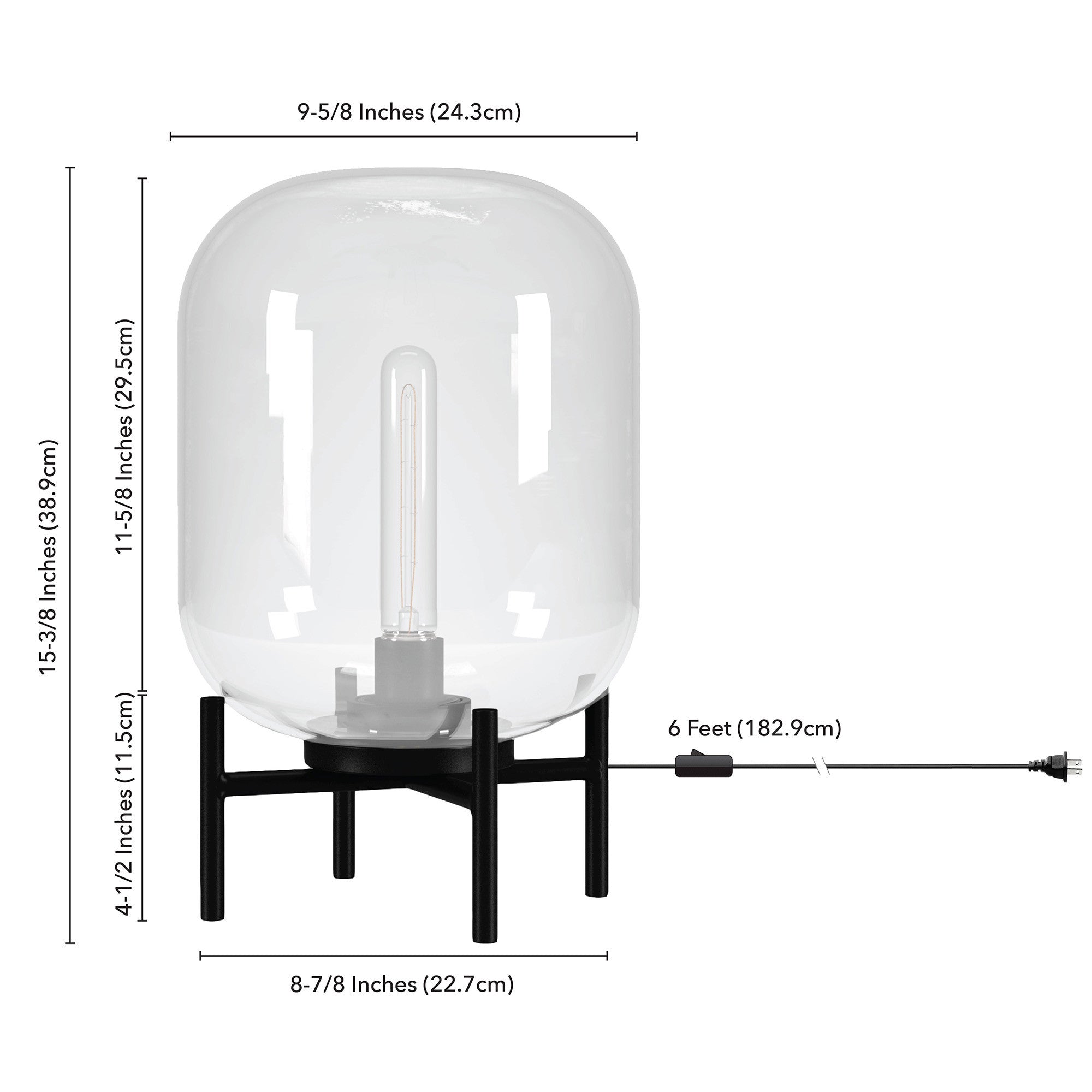 15" Black Metal Table Lamp With Clear Cylinder Shade