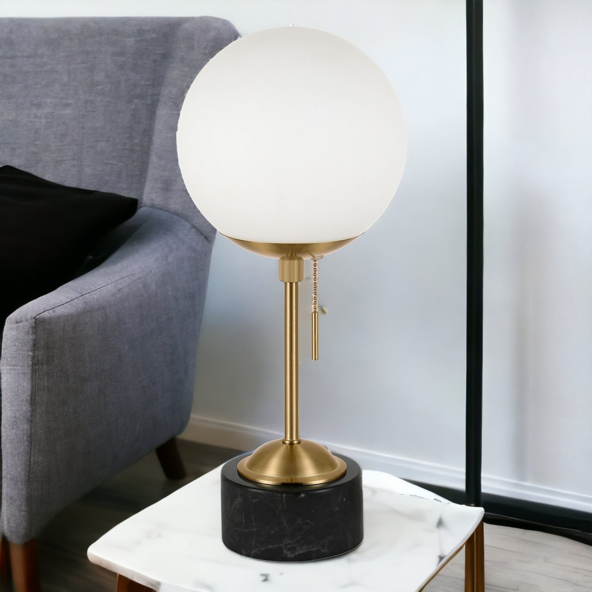 18" Black and Gold Marble Globe Table Lamp With White Globe Shade