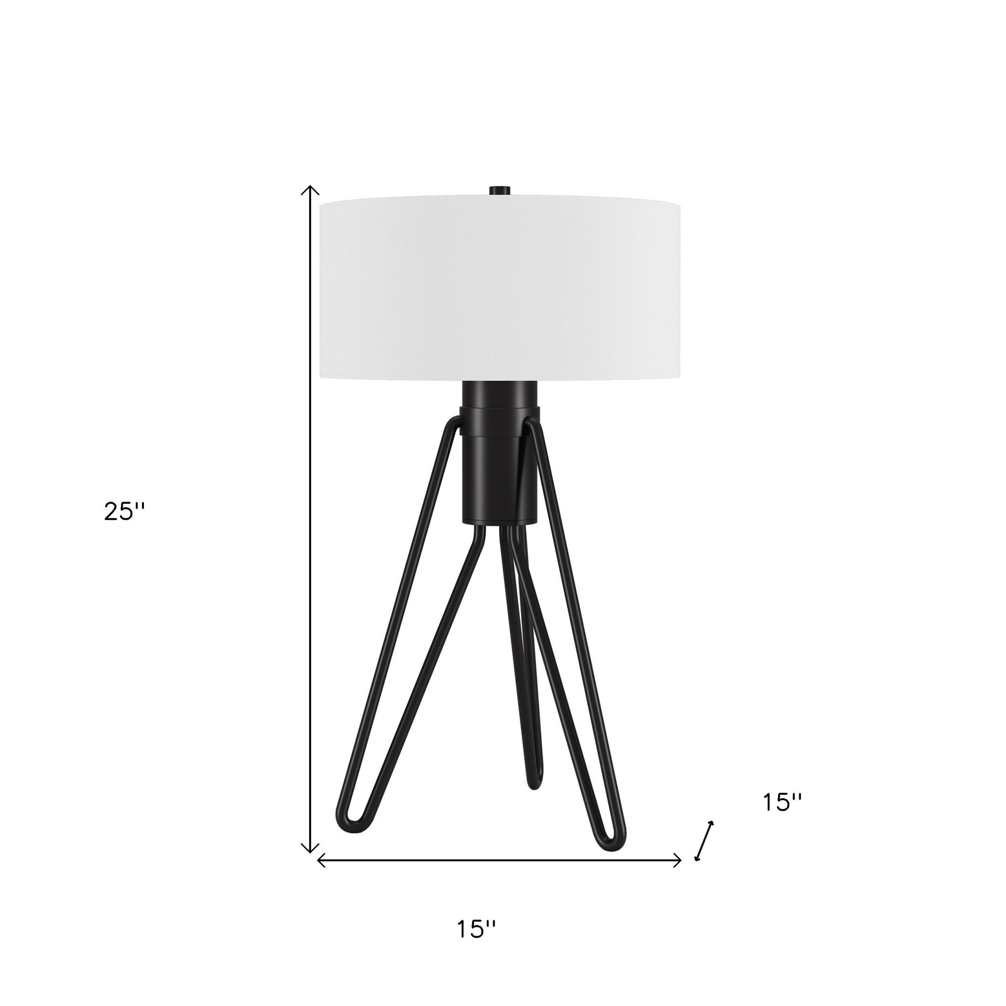 25" Black Metal Two Light Tripod Table Lamp With White Drum Shade