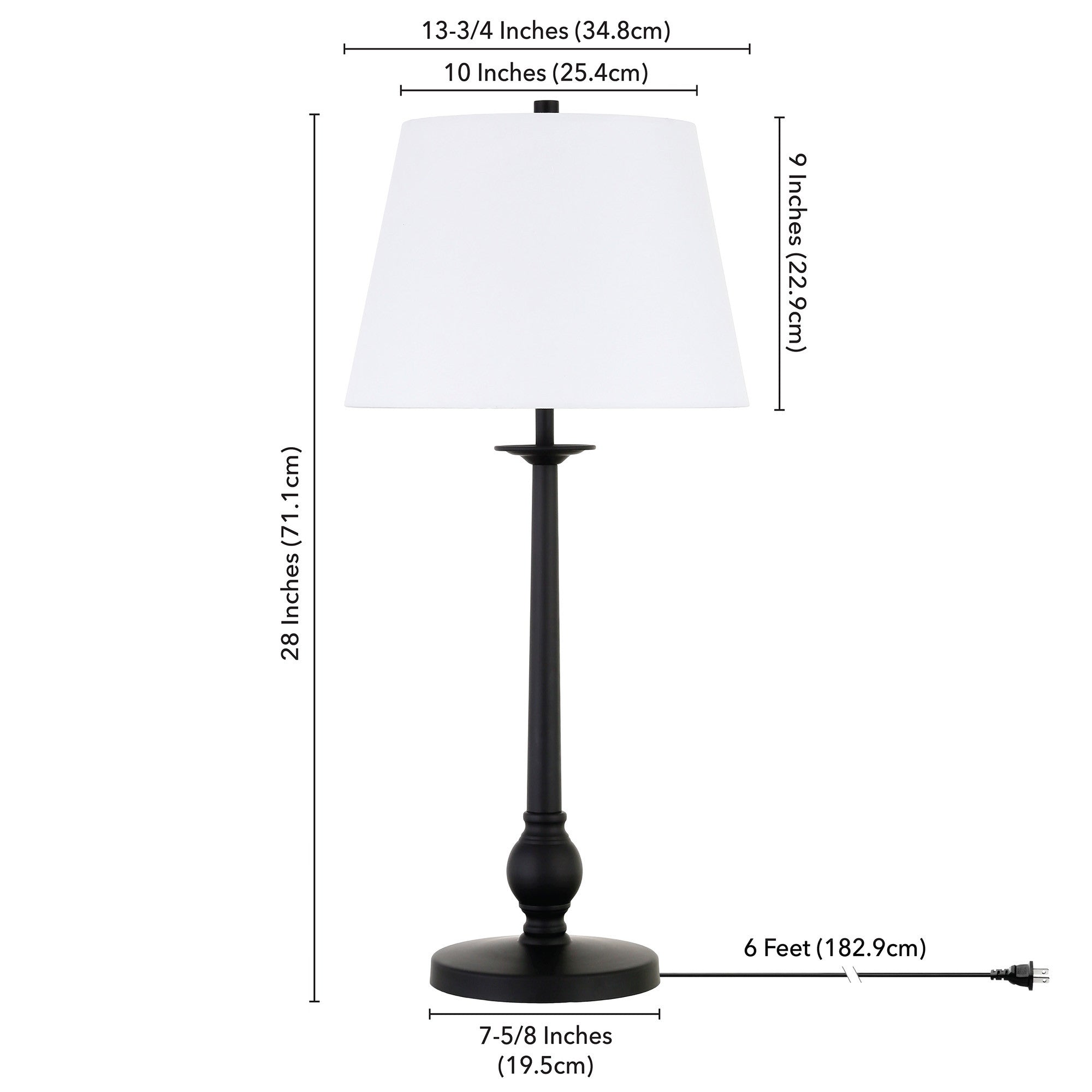 28" Black Metal Table Lamp With White Empire Shade