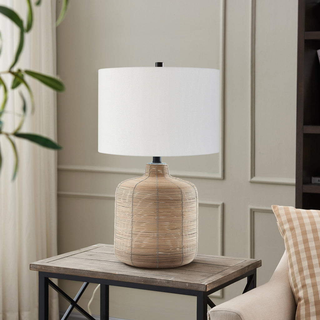 20" Natural Rattan Table Lamp With White Drum Shade