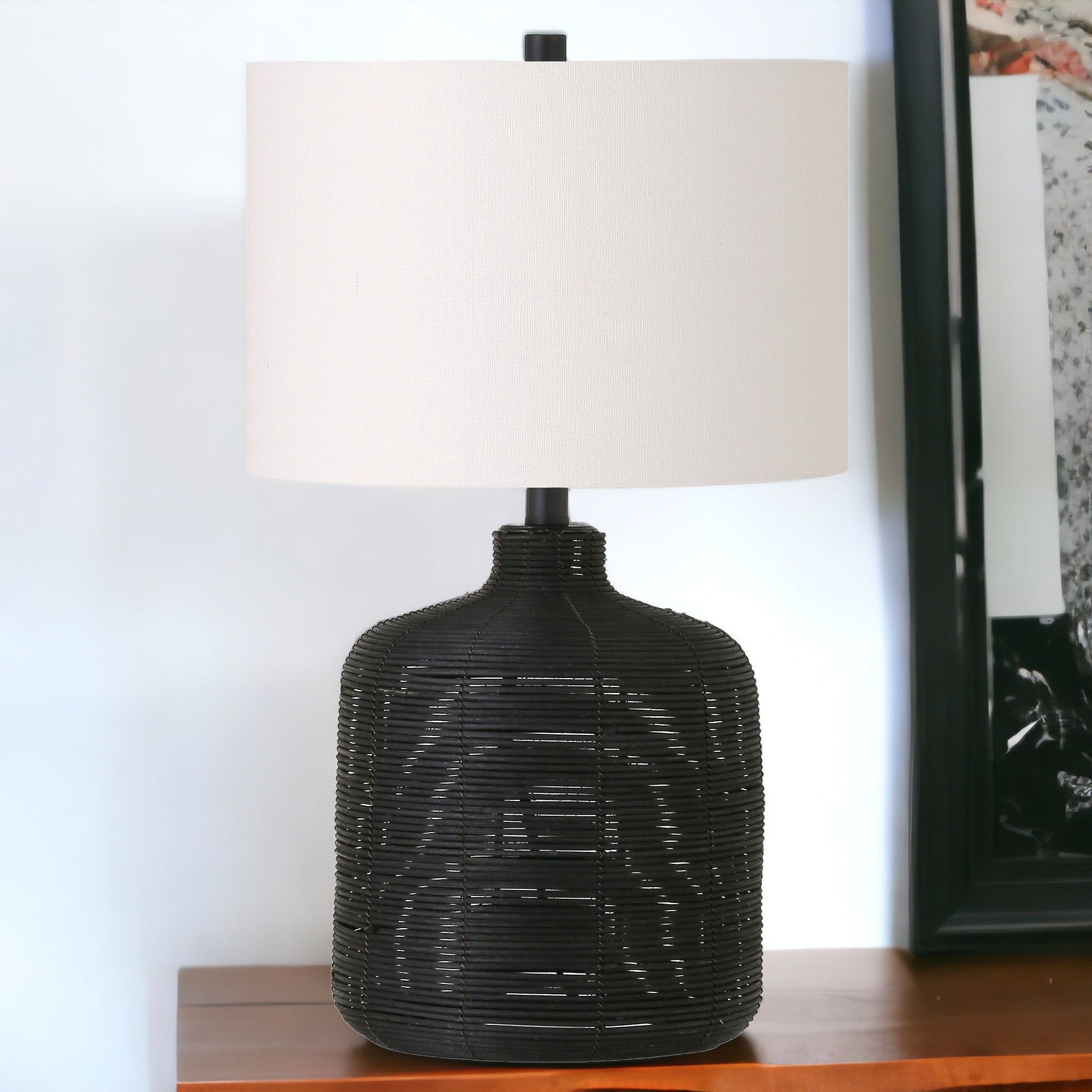 20" Black Rattan Table Lamp With White Drum Shade