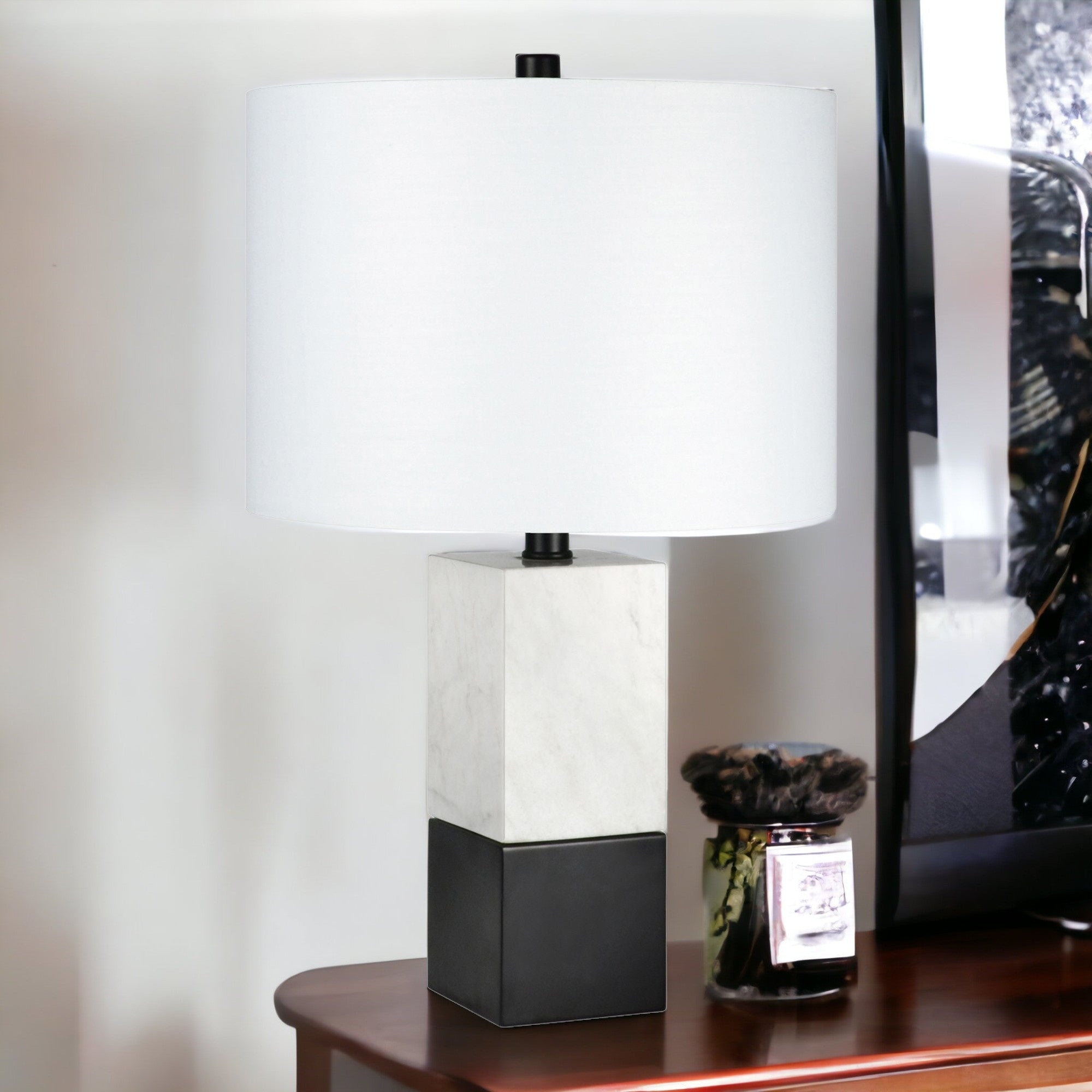21" Black and White Marble Table Lamp With White Drum Shade