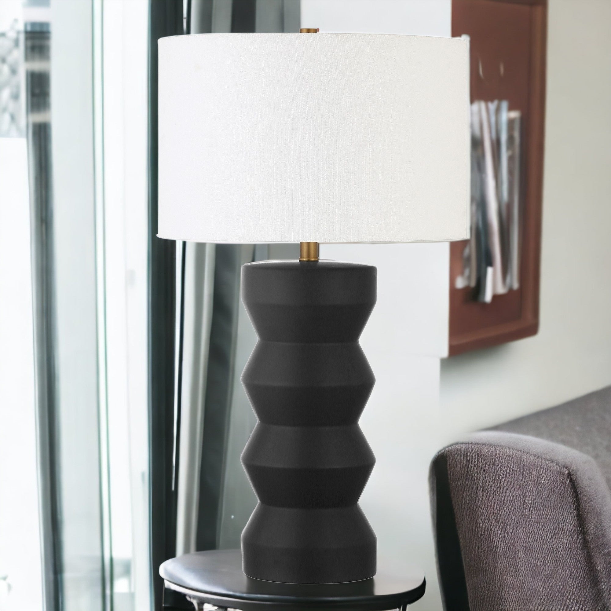 28" Black Ceramic Table Lamp With White Drum Shade