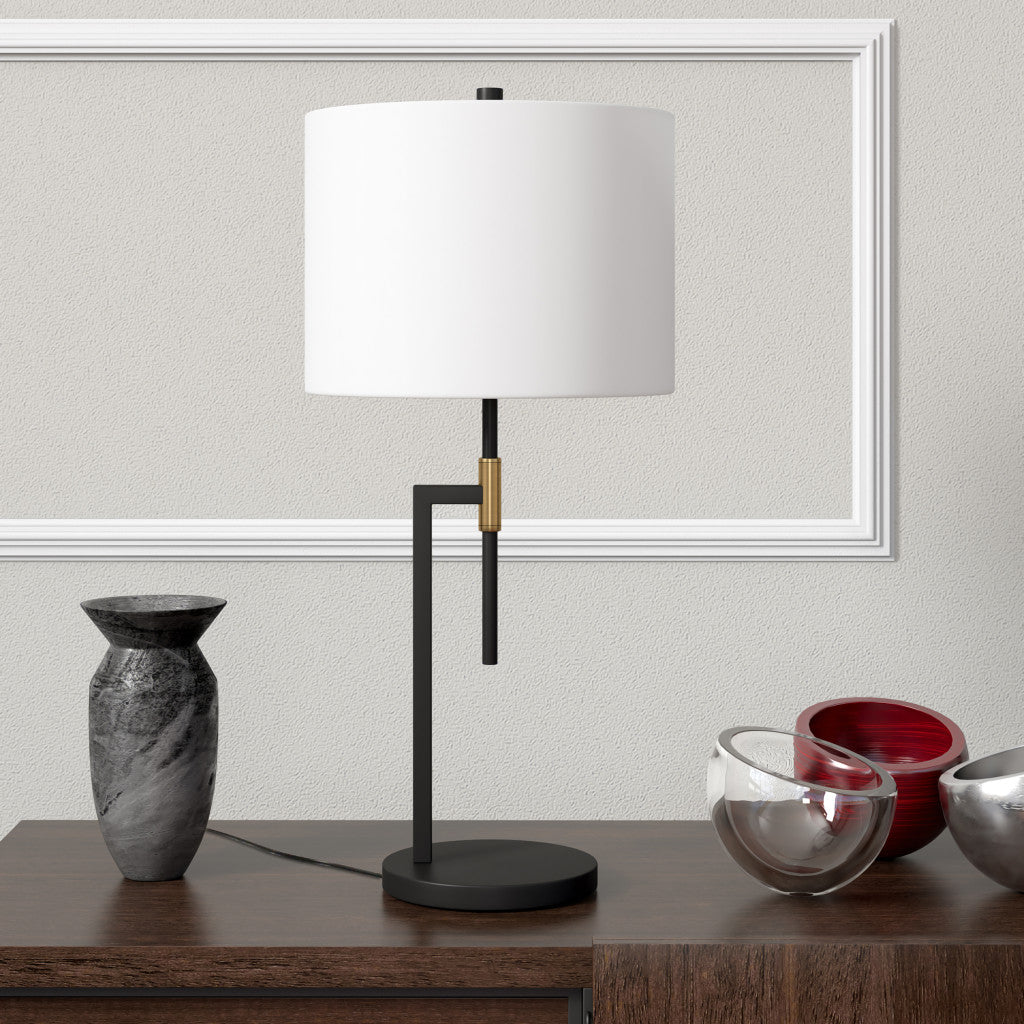 25" Black and Gold Metal Table Lamp With White Drum Shade