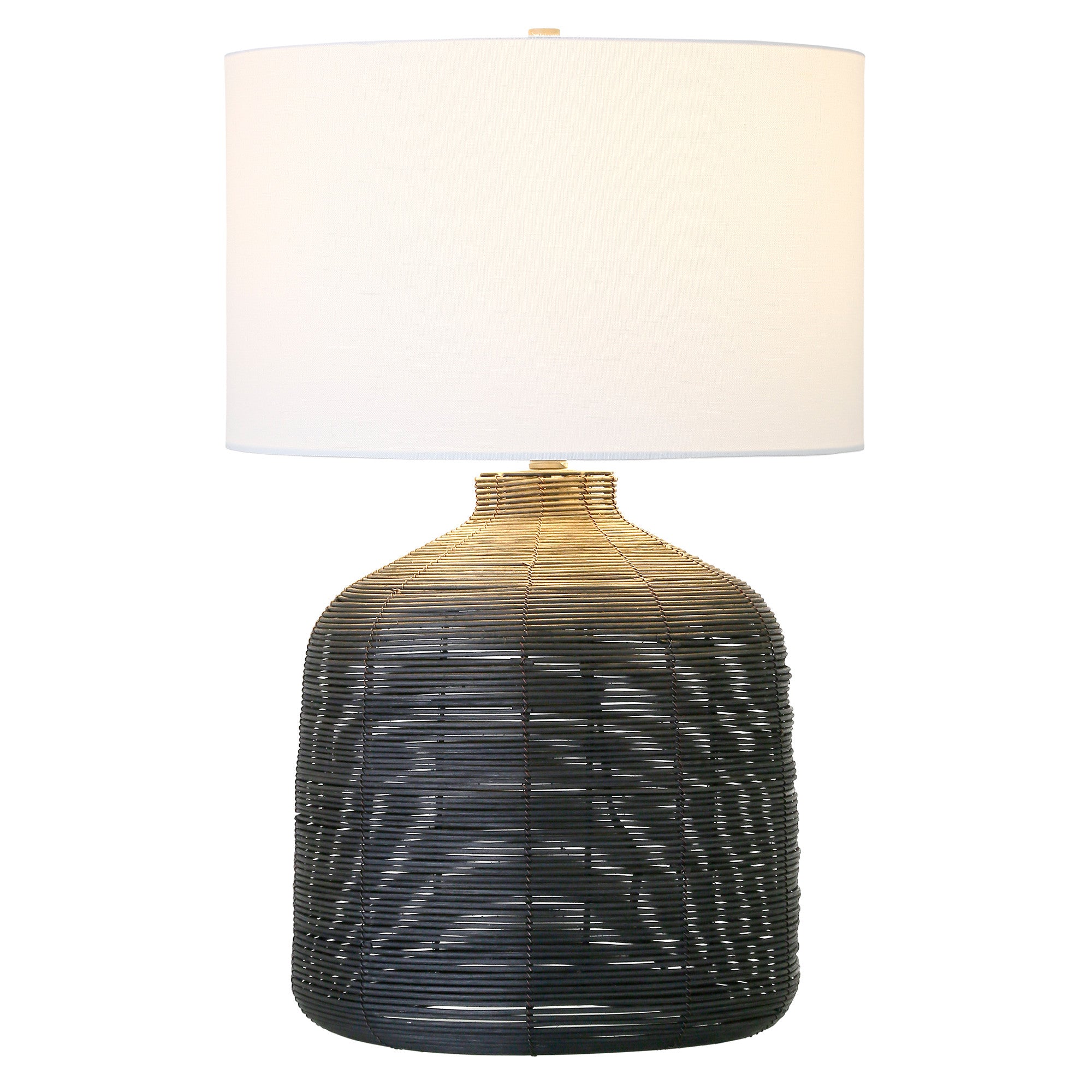 27" Black Rattan Table Lamp With White Drum Shade