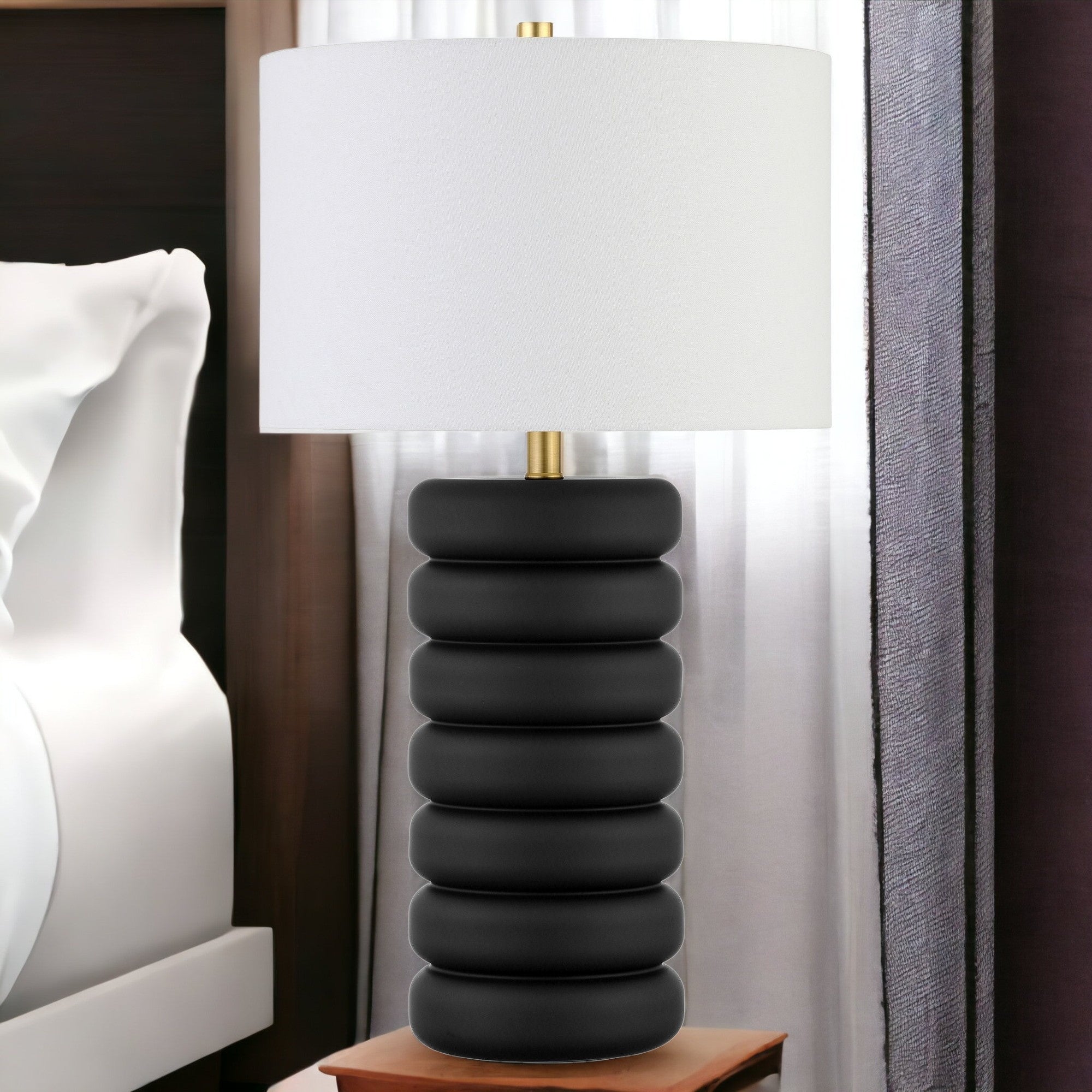 25" Black Ceramic Table Lamp With White Drum Shade