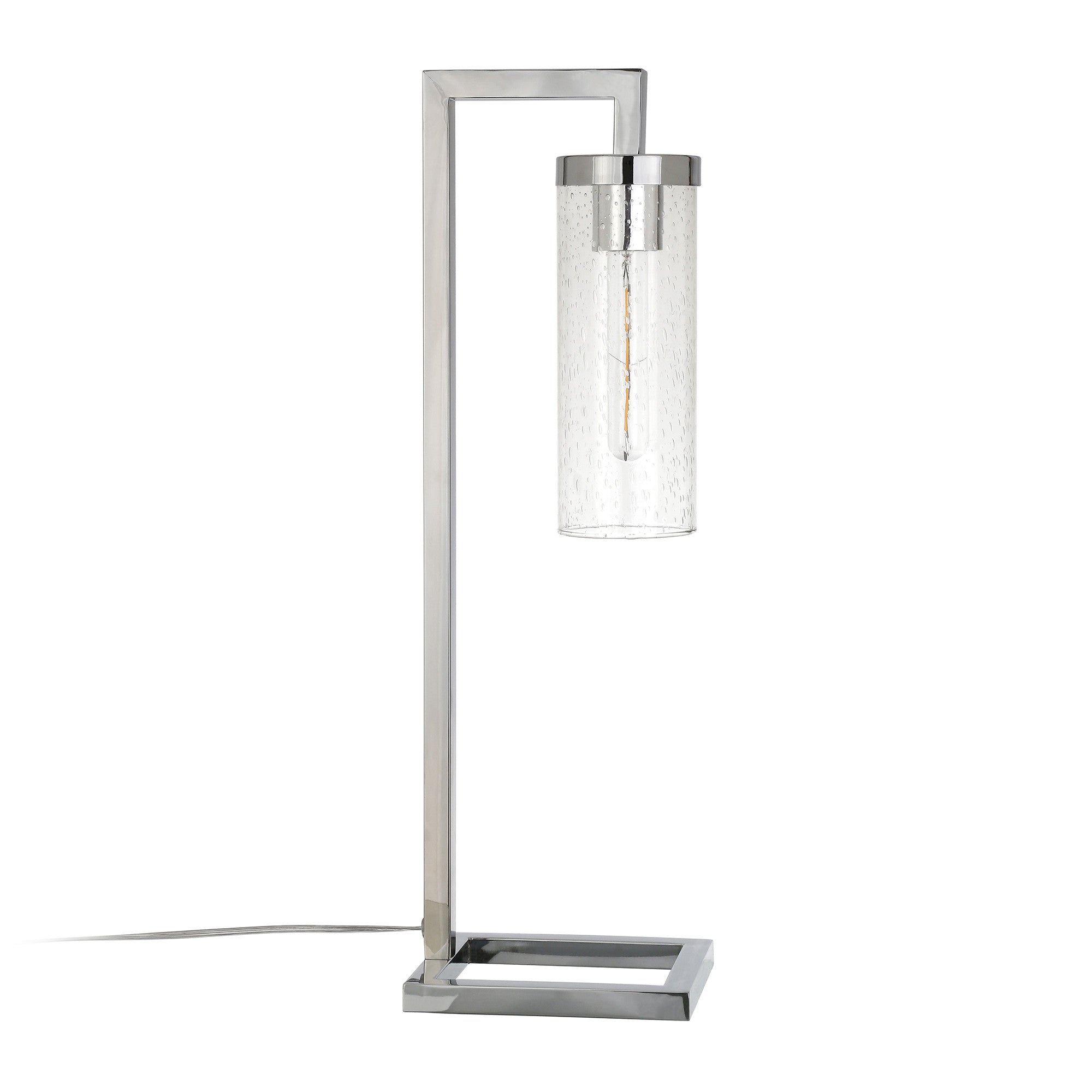 26" Nickel Metal Arched Table Lamp With Clear Seeded Cylinder Shade