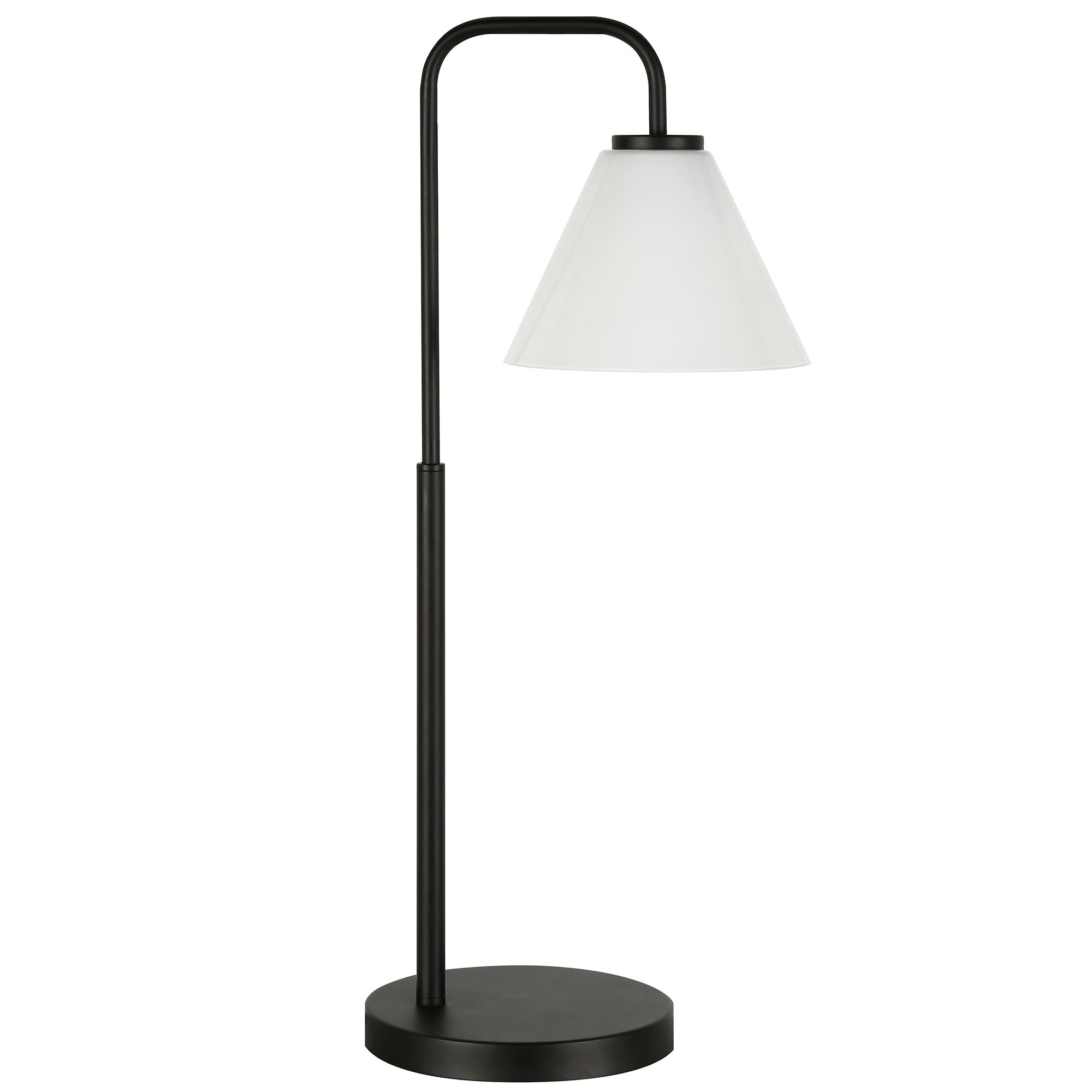 27" Black Metal Arched Table Lamp With White Cone Shade