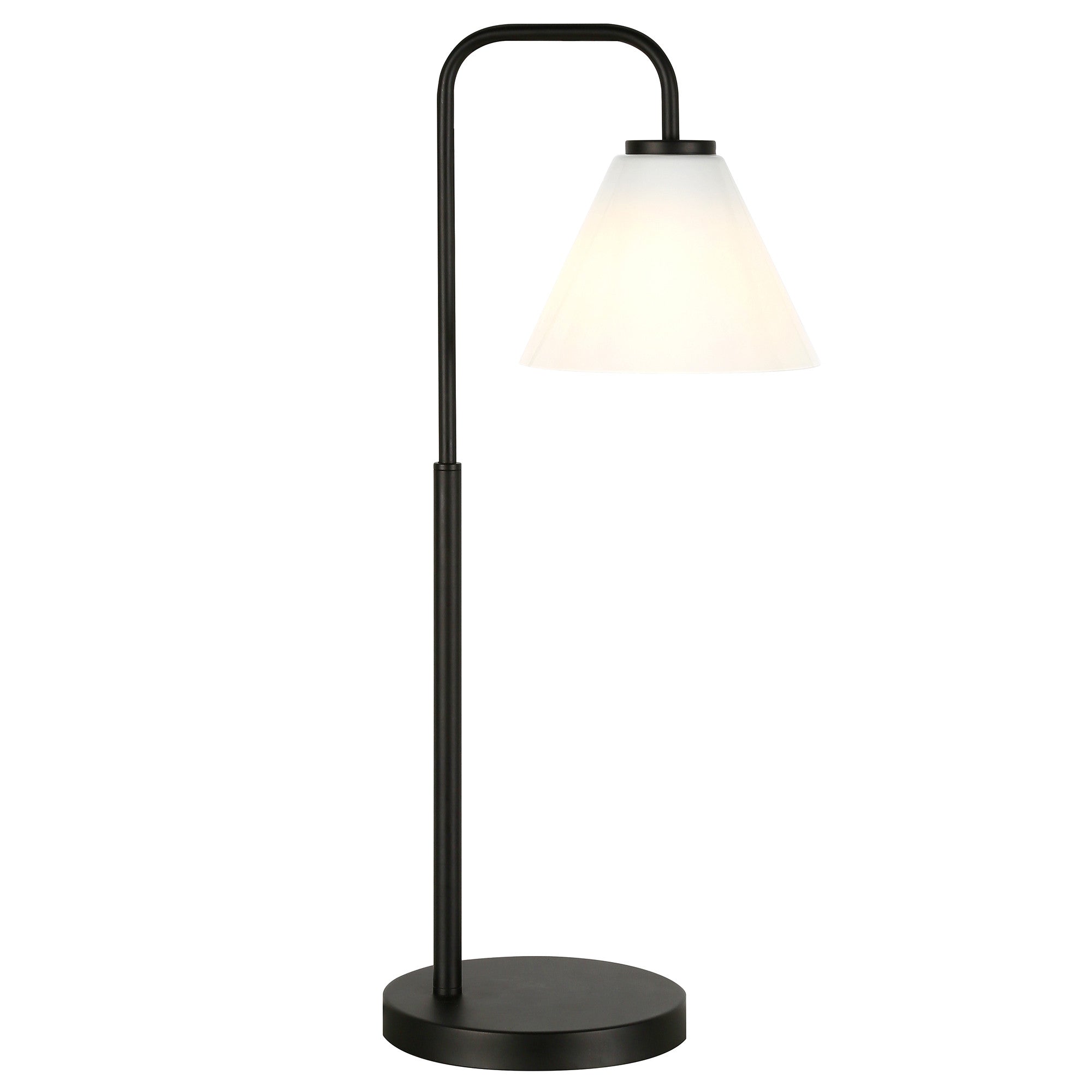 27" Black Metal Arched Table Lamp With White Cone Shade