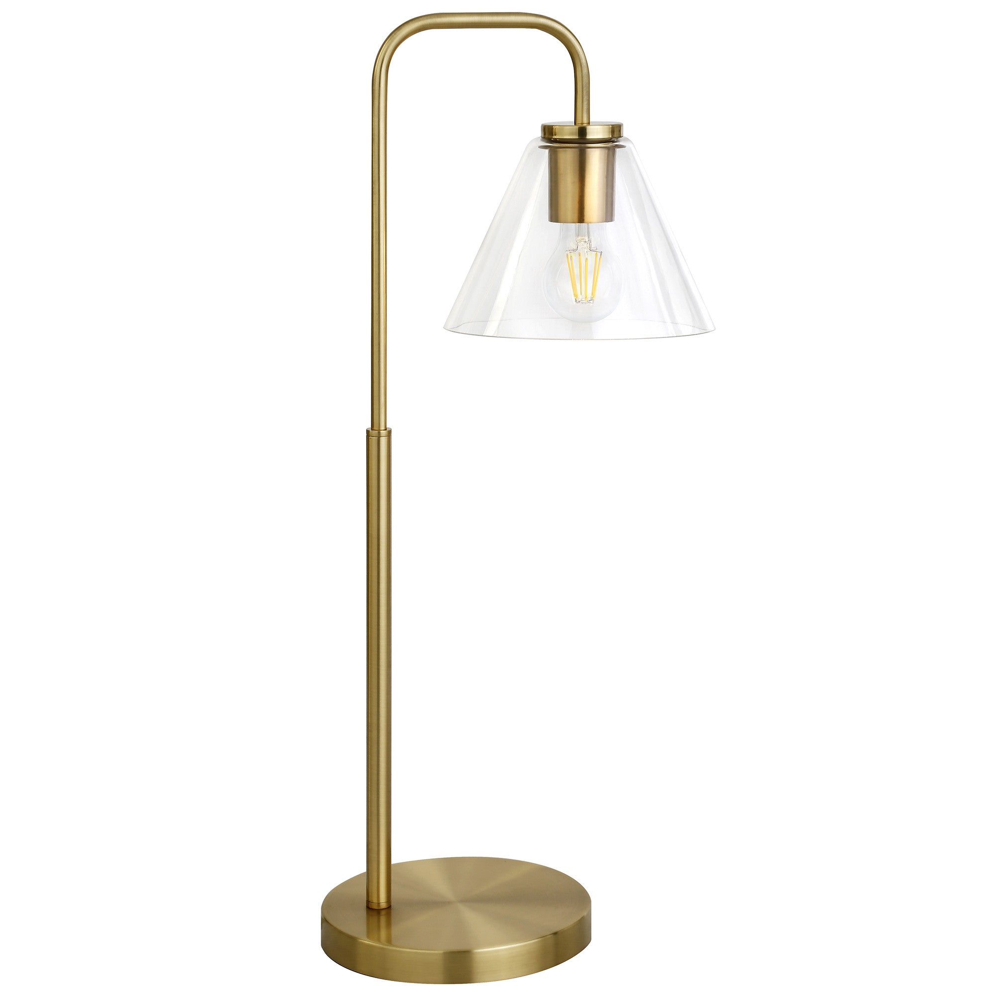 27" Brass Metal Arched Table Lamp With Clear Cone Shade