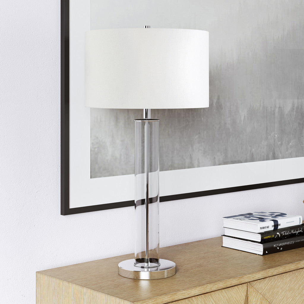 29" Nickel Glass Table Lamp With White Drum Shade