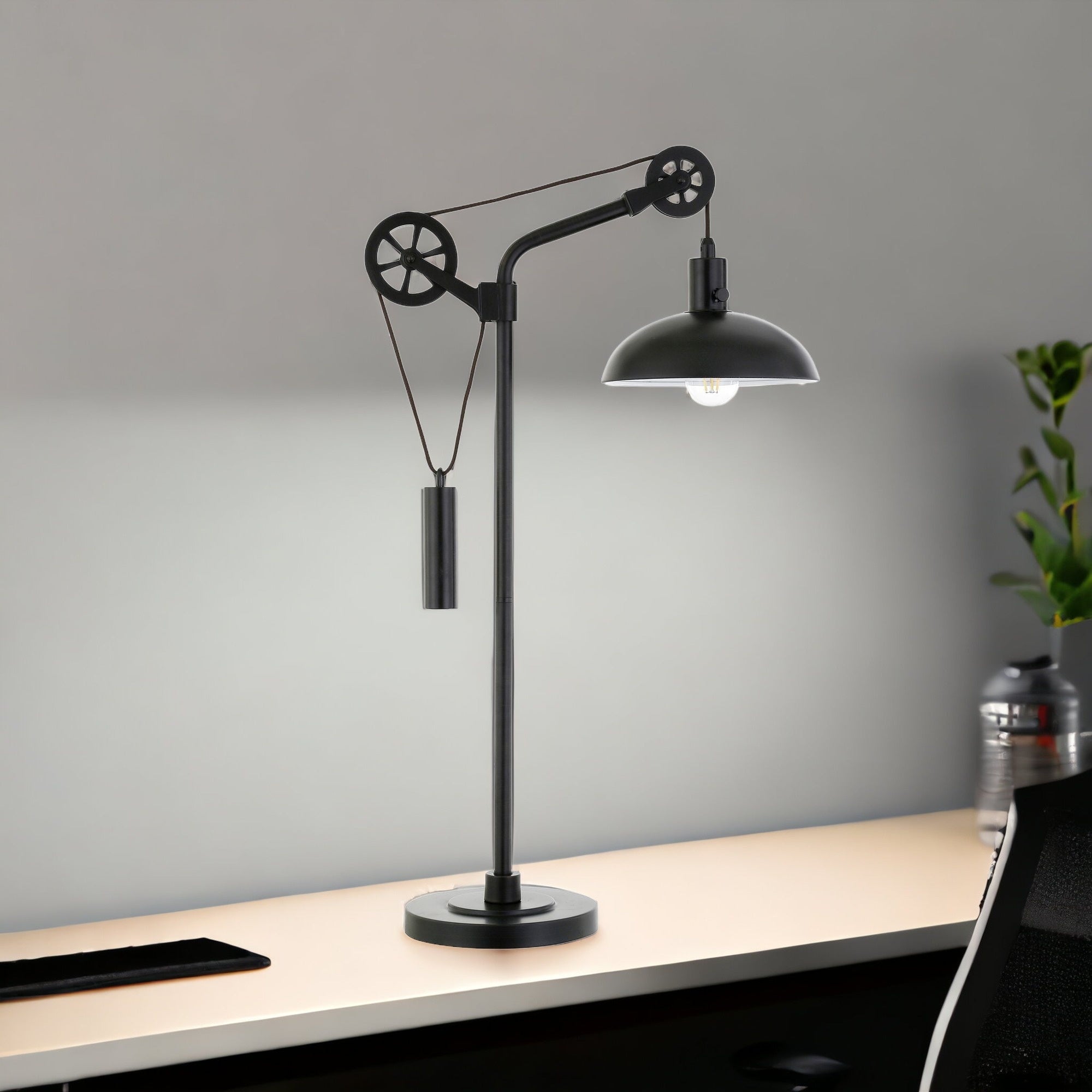 33" Black Metal Adjustable Desk Table Lamp With Black Dome Shade
