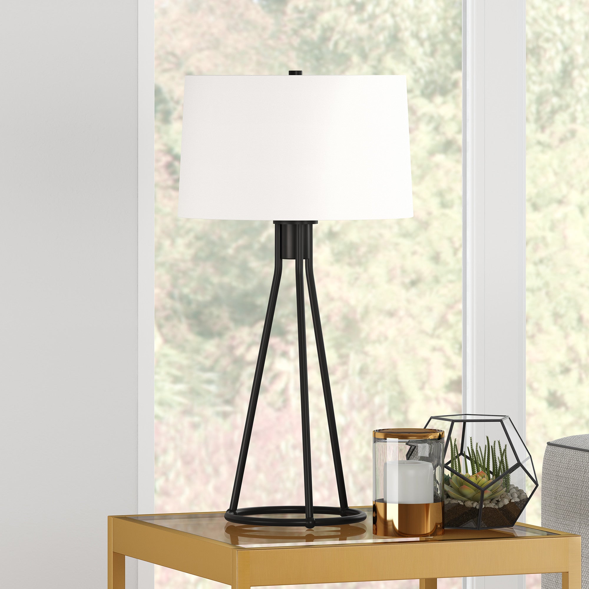 28" Black Metal Table Lamp With White Drum Shade